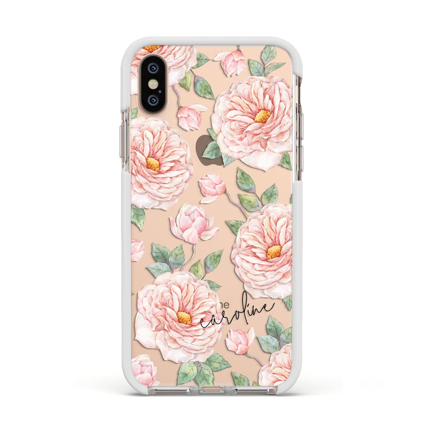 Personalised Peony Apple iPhone Xs Impact Case White Edge on Gold Phone