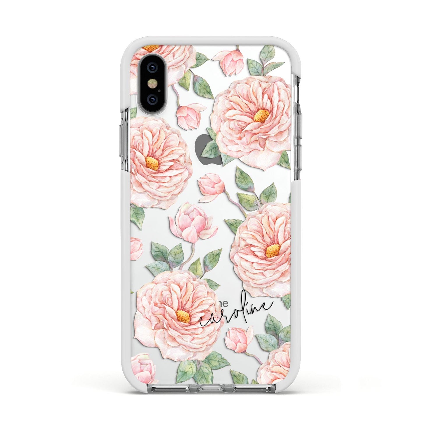 Personalised Peony Apple iPhone Xs Impact Case White Edge on Silver Phone