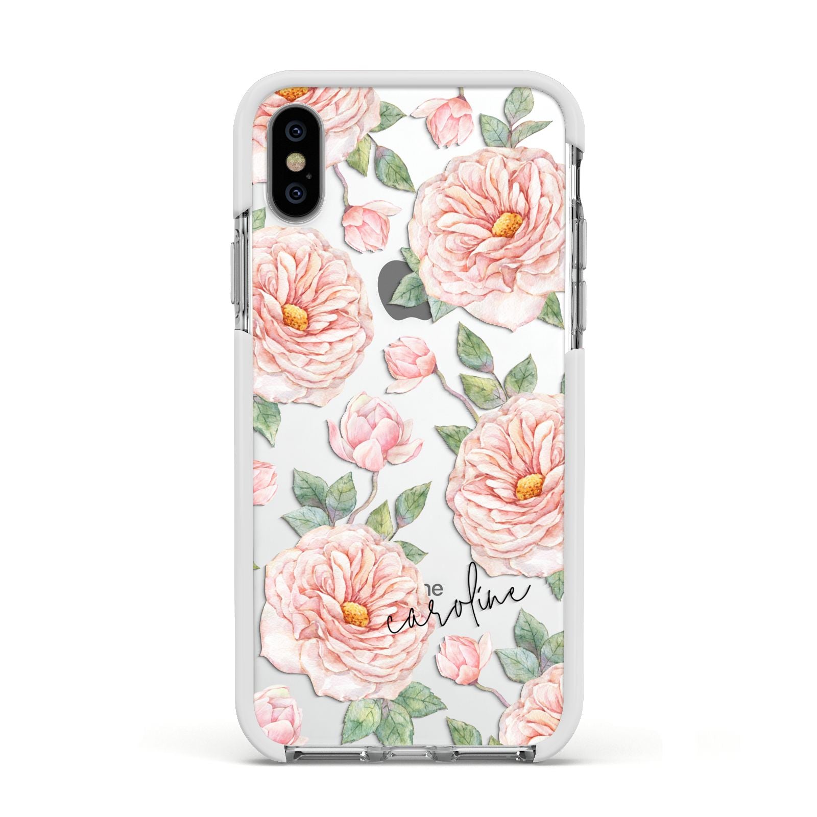 Personalised Peony Apple iPhone Xs Impact Case White Edge on Silver Phone