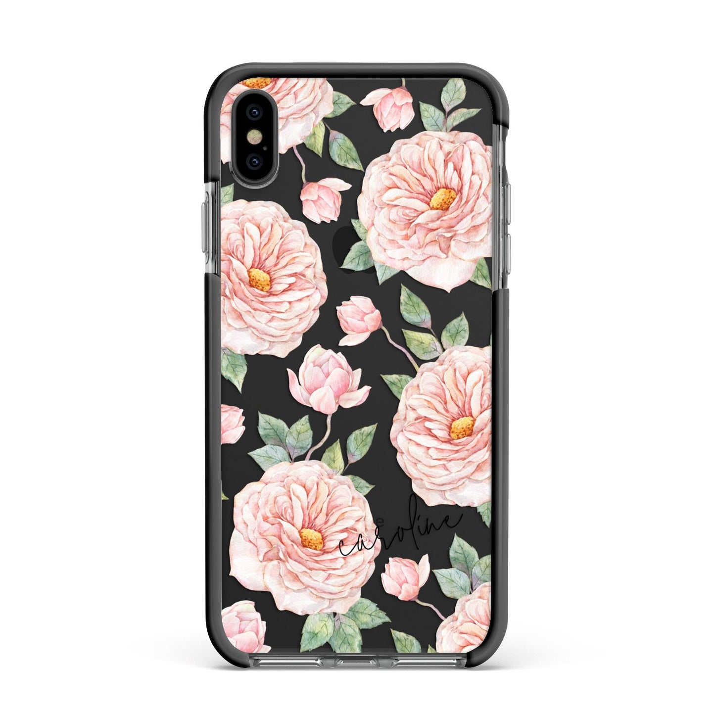 Personalised Peony Apple iPhone Xs Max Impact Case Black Edge on Black Phone