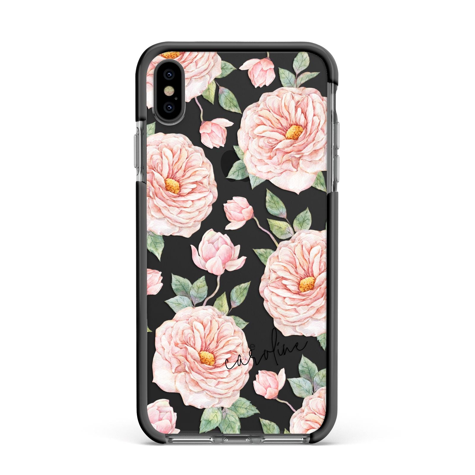 Personalised Peony Apple iPhone Xs Max Impact Case Black Edge on Black Phone