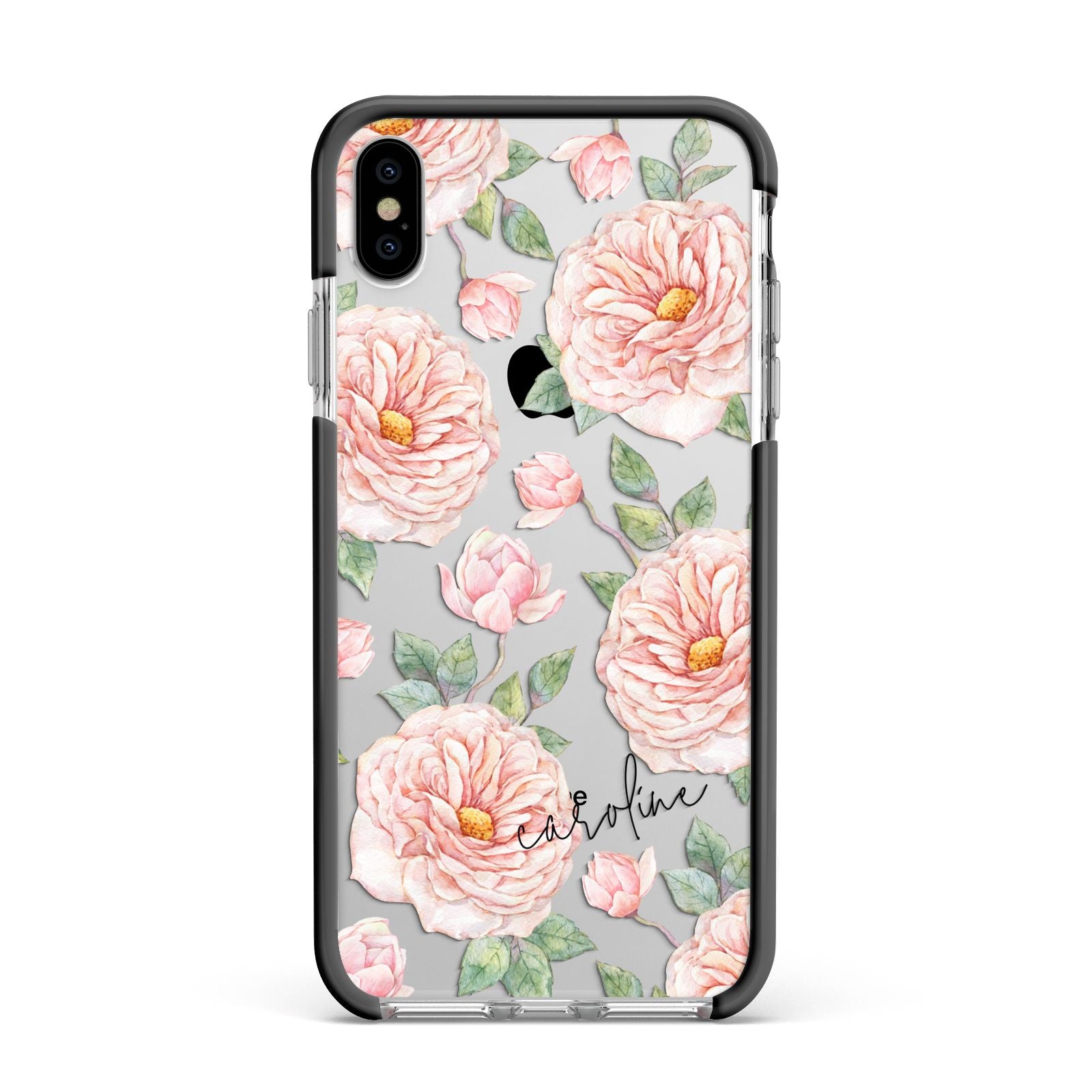 Personalised Peony Apple iPhone Xs Max Impact Case Black Edge on Silver Phone