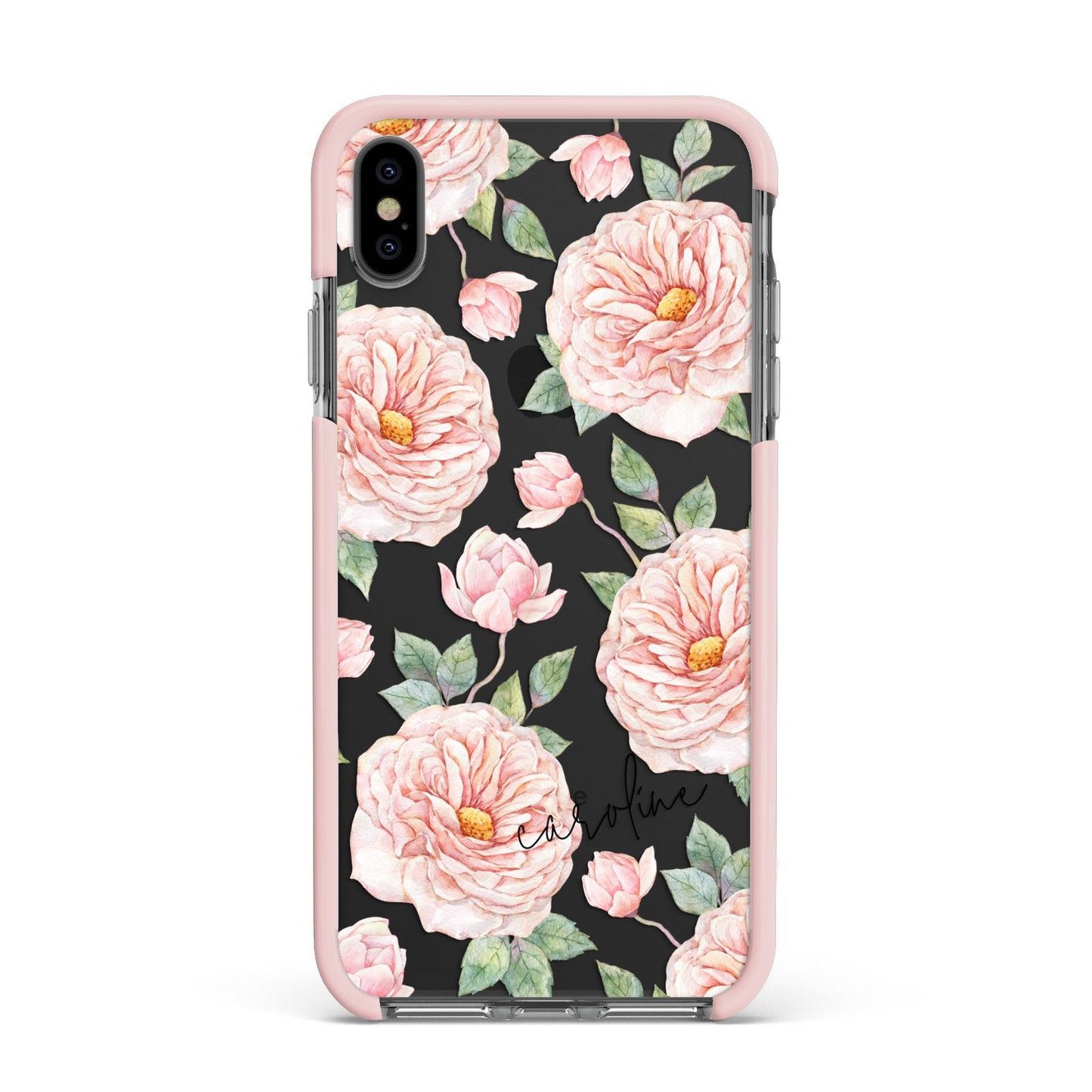 Personalised Peony Apple iPhone Xs Max Impact Case Pink Edge on Black Phone