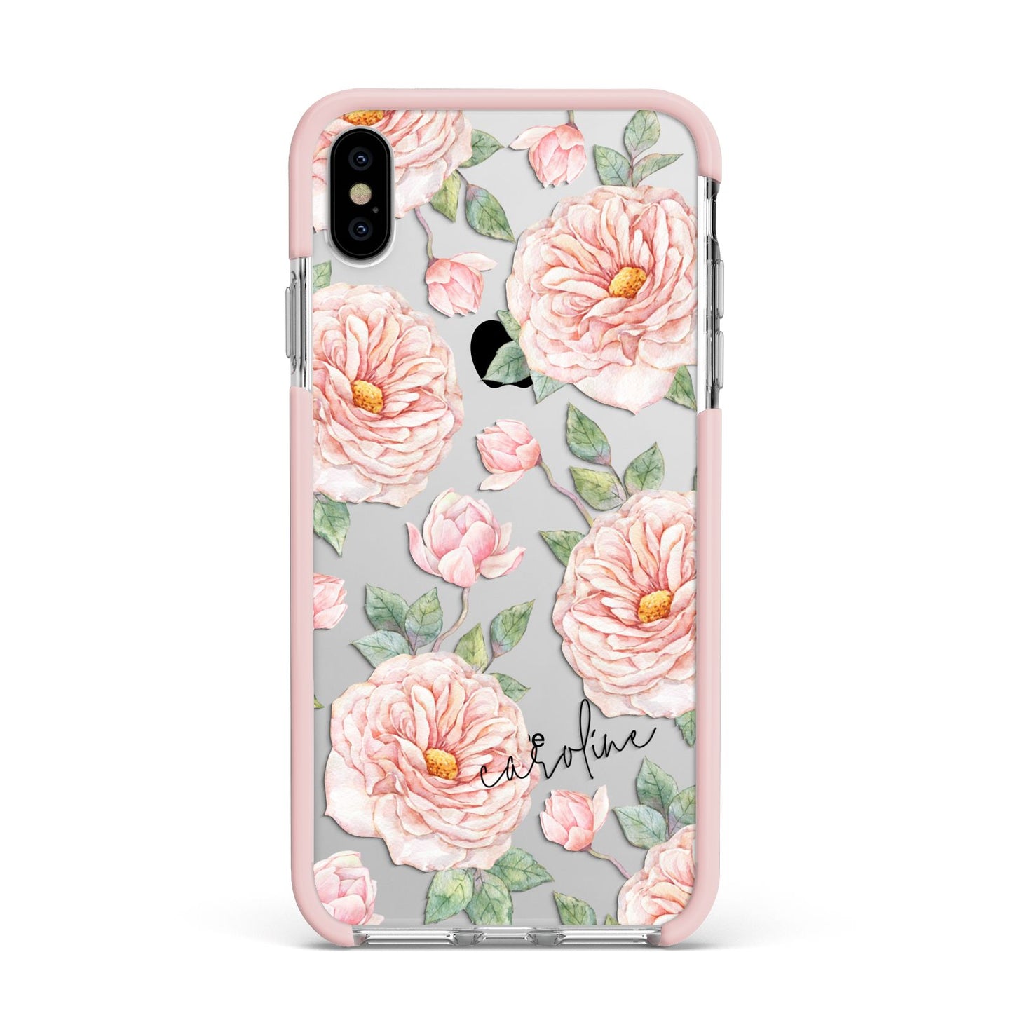 Personalised Peony Apple iPhone Xs Max Impact Case Pink Edge on Silver Phone
