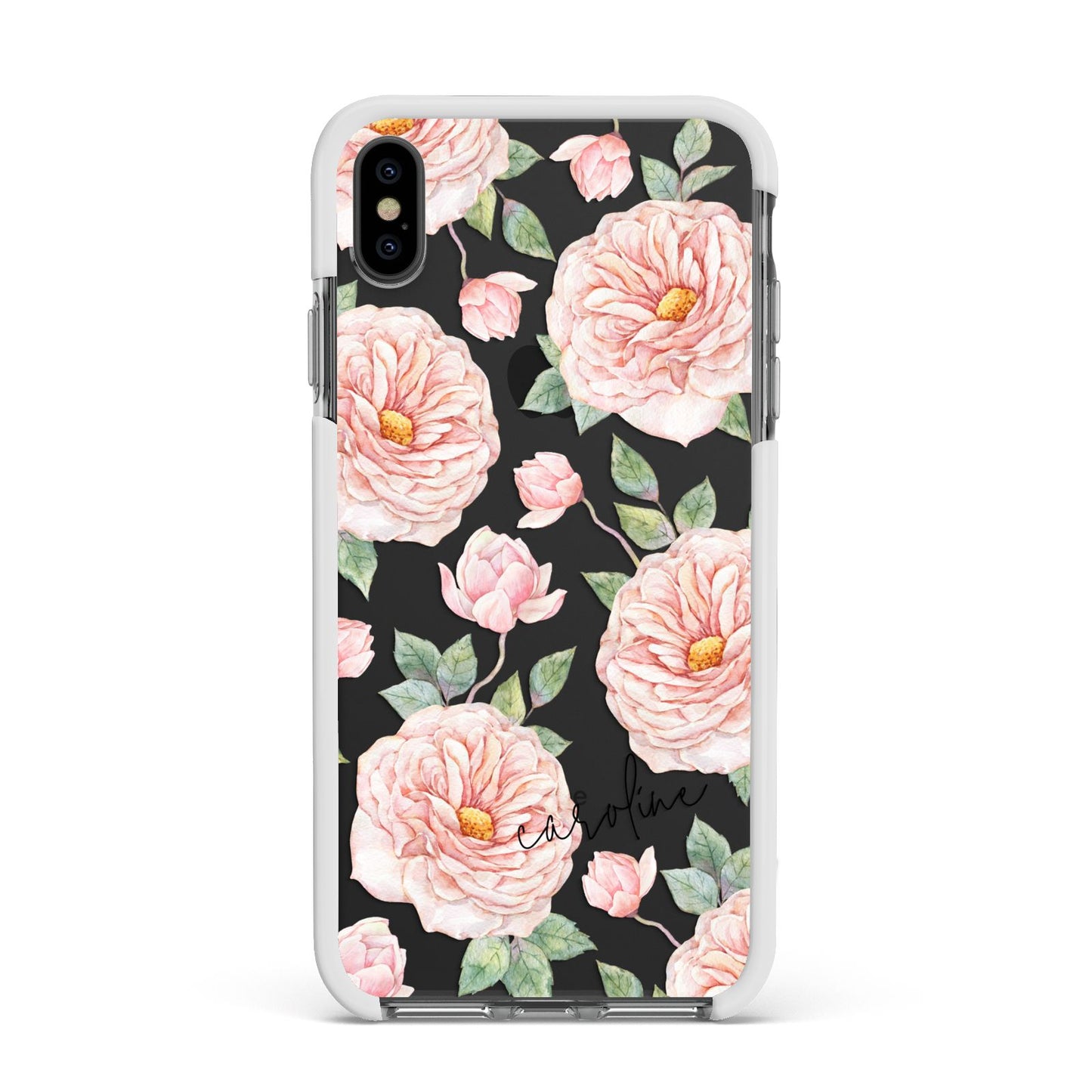 Personalised Peony Apple iPhone Xs Max Impact Case White Edge on Black Phone