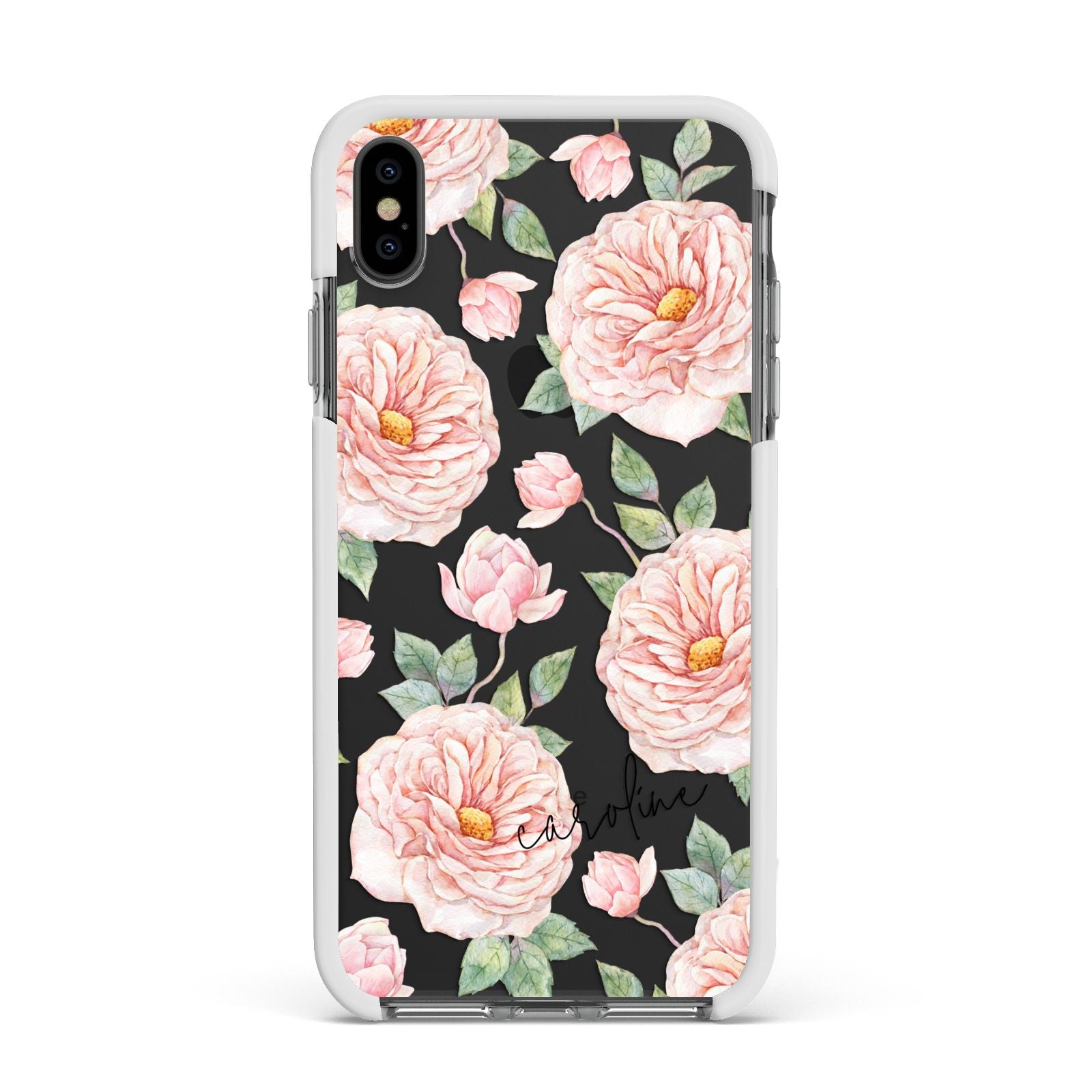 Personalised Peony Apple iPhone Xs Max Impact Case White Edge on Black Phone