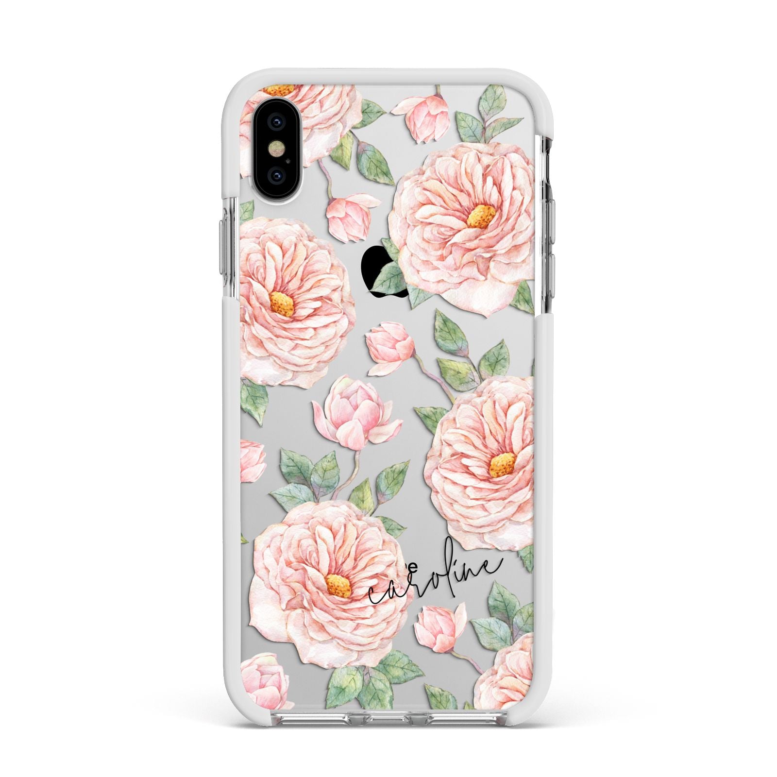 Personalised Peony Apple iPhone Xs Max Impact Case White Edge on Silver Phone