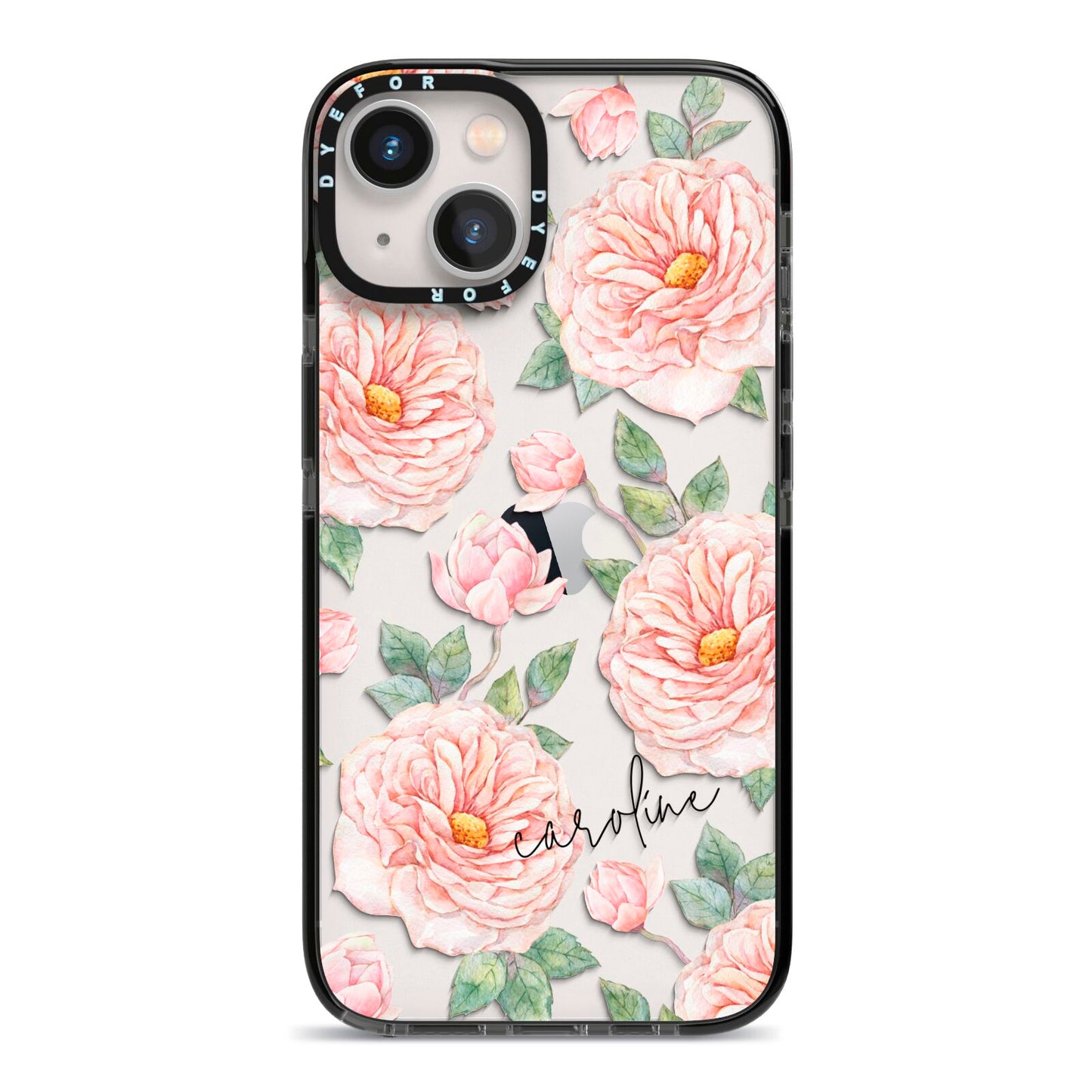 Personalised Peony iPhone 13 Black Impact Case on Silver phone