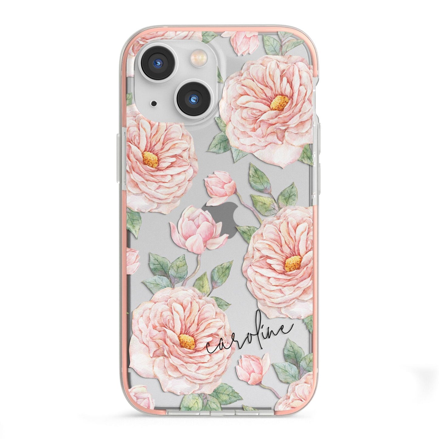 Personalised Peony iPhone 13 Mini TPU Impact Case with Pink Edges