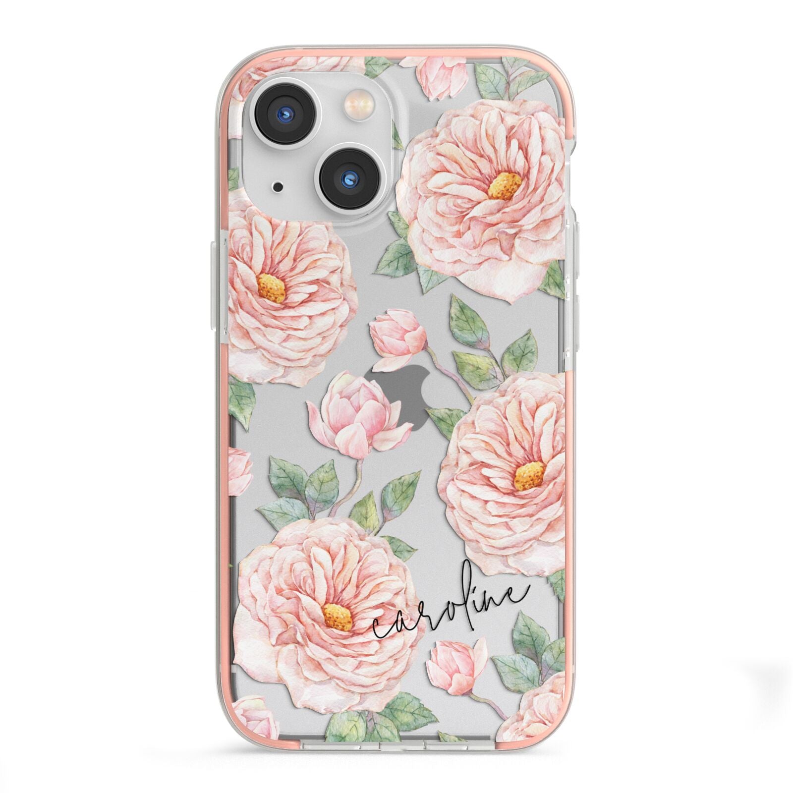Personalised Peony iPhone 13 Mini TPU Impact Case with Pink Edges