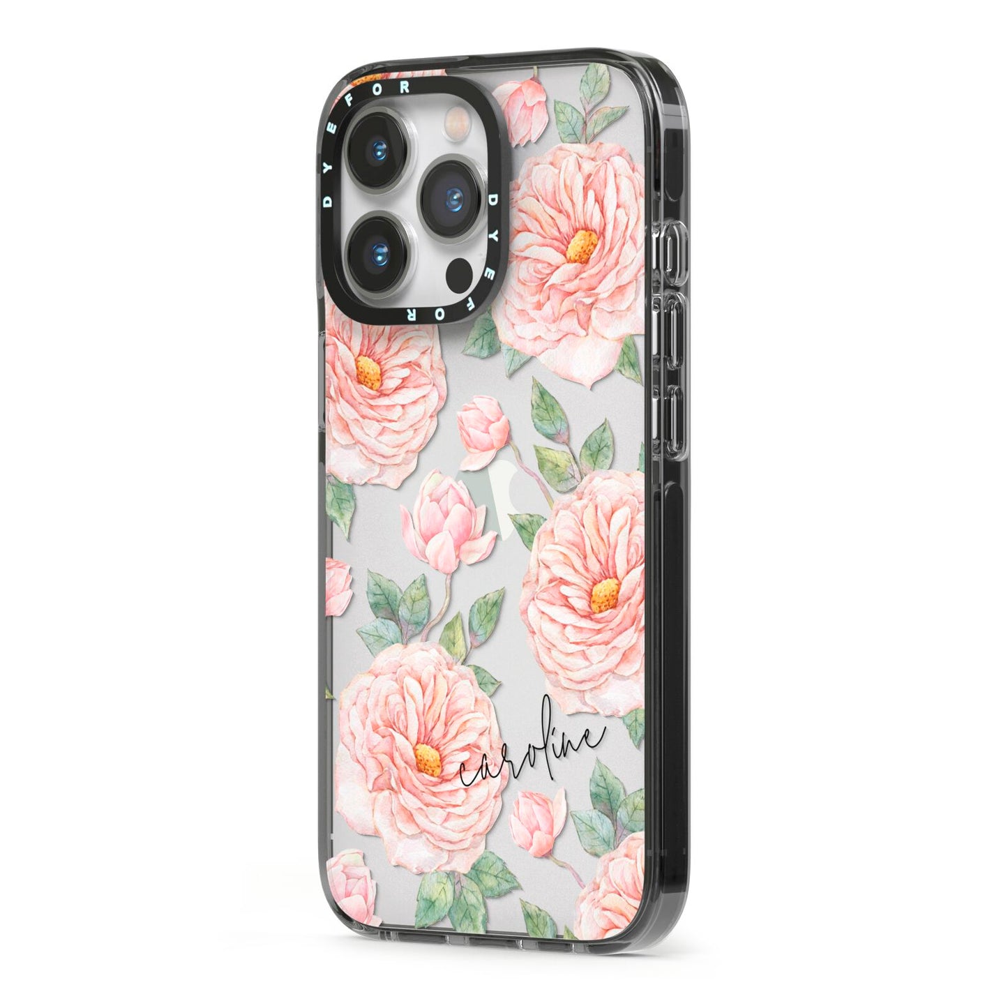 Personalised Peony iPhone 13 Pro Black Impact Case Side Angle on Silver phone