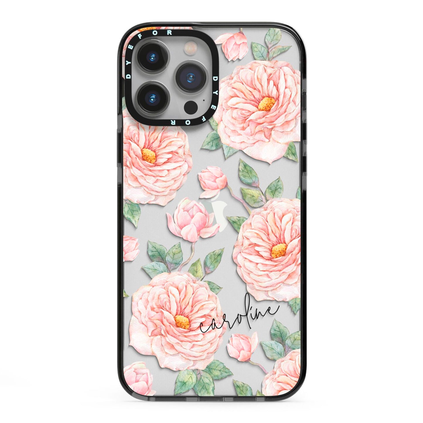 Personalised Peony iPhone 13 Pro Max Black Impact Case on Silver phone