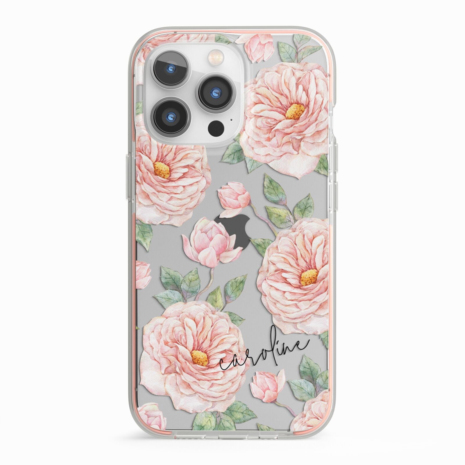 Personalised Peony iPhone 13 Pro TPU Impact Case with Pink Edges