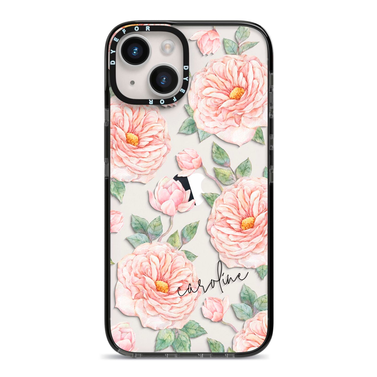 Personalised Peony iPhone 14 Black Impact Case on Silver phone