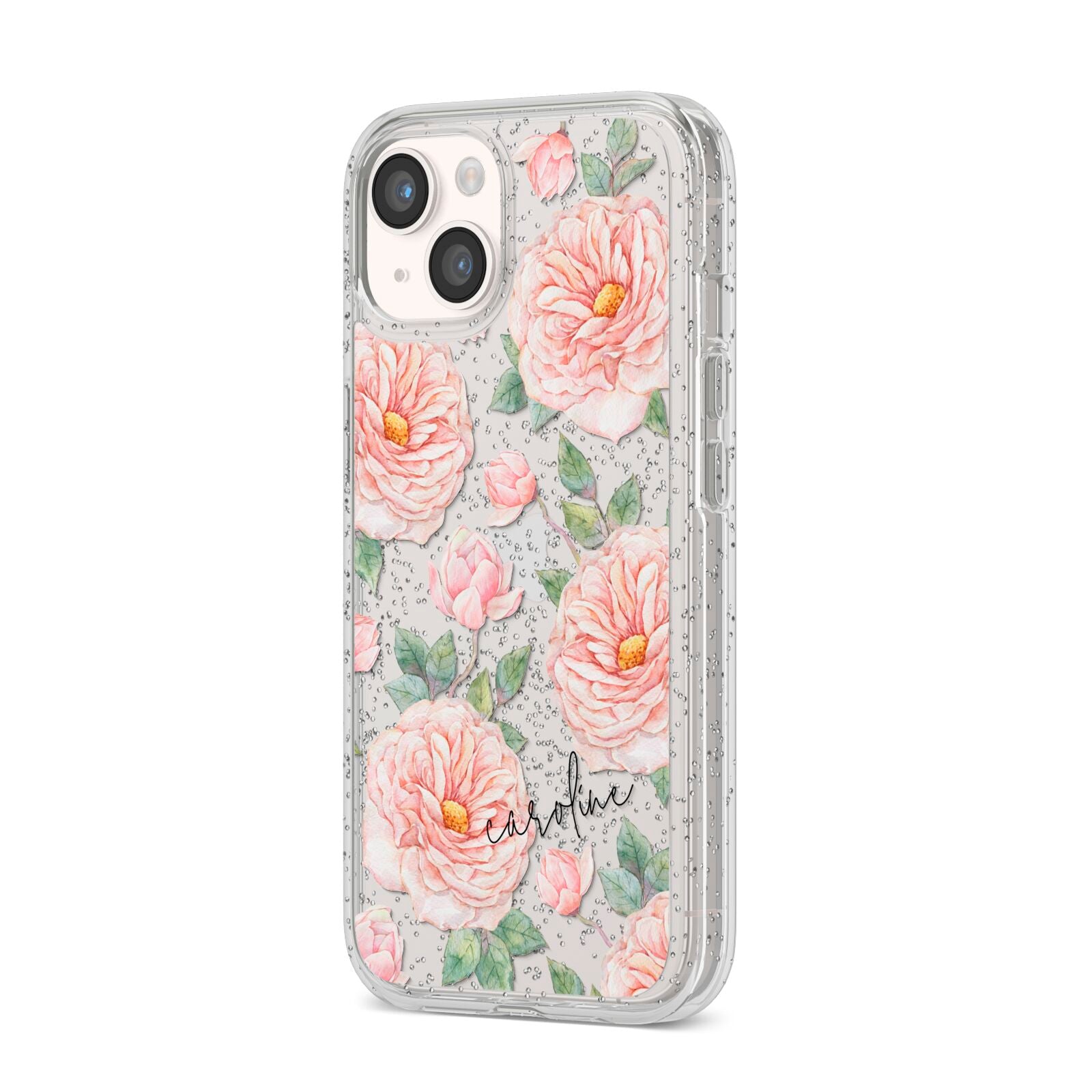 Personalised Peony iPhone 14 Glitter Tough Case Starlight Angled Image