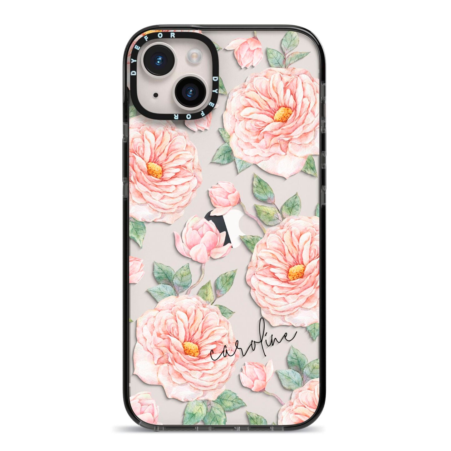 Personalised Peony iPhone 14 Plus Black Impact Case on Silver phone