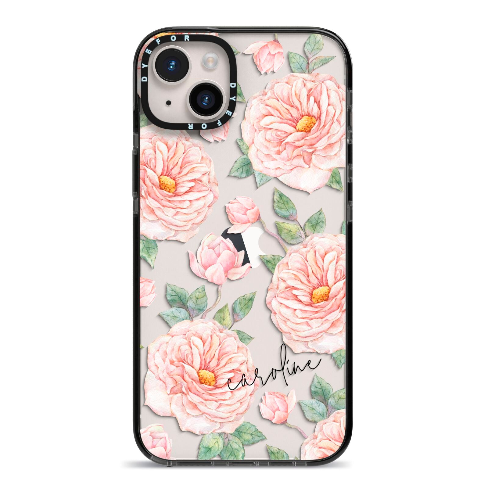 Personalised Peony iPhone 14 Plus Black Impact Case on Silver phone