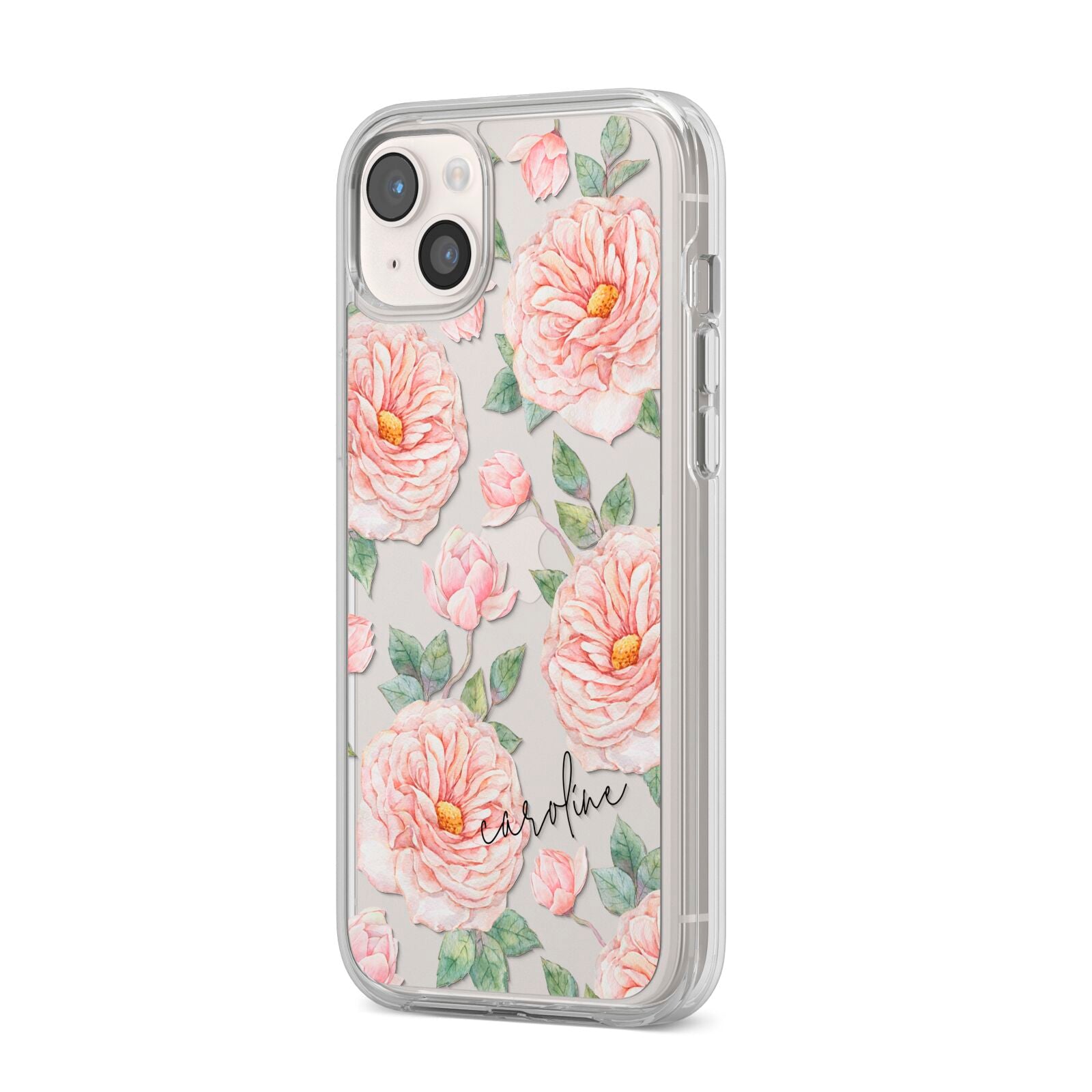 Personalised Peony iPhone 14 Plus Clear Tough Case Starlight Angled Image