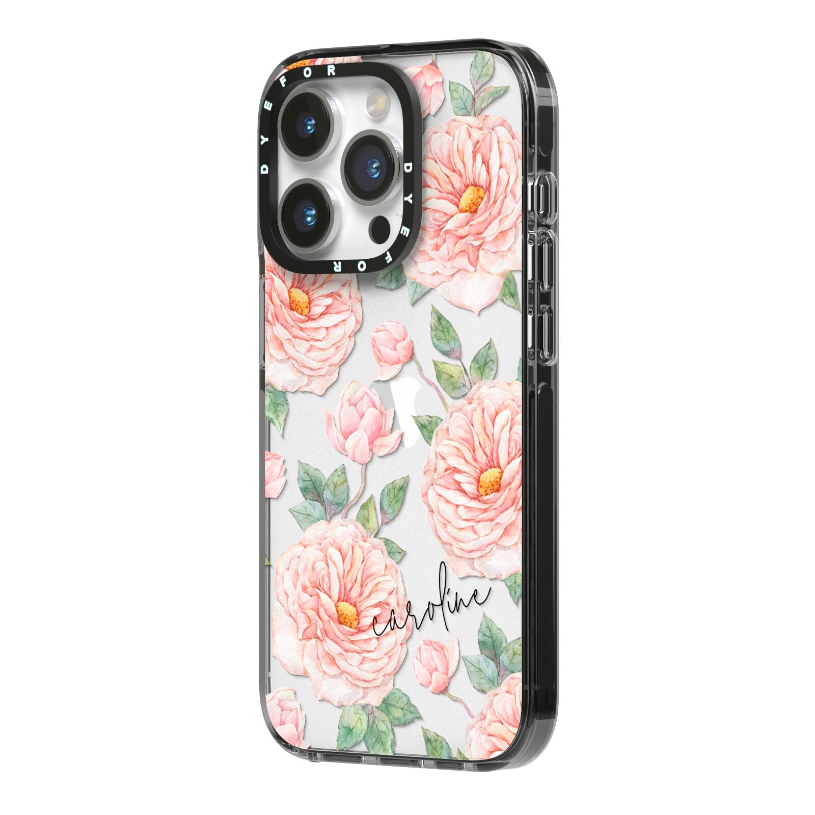 Personalised Peony iPhone 14 Pro Black Impact Case Side Angle on Silver phone