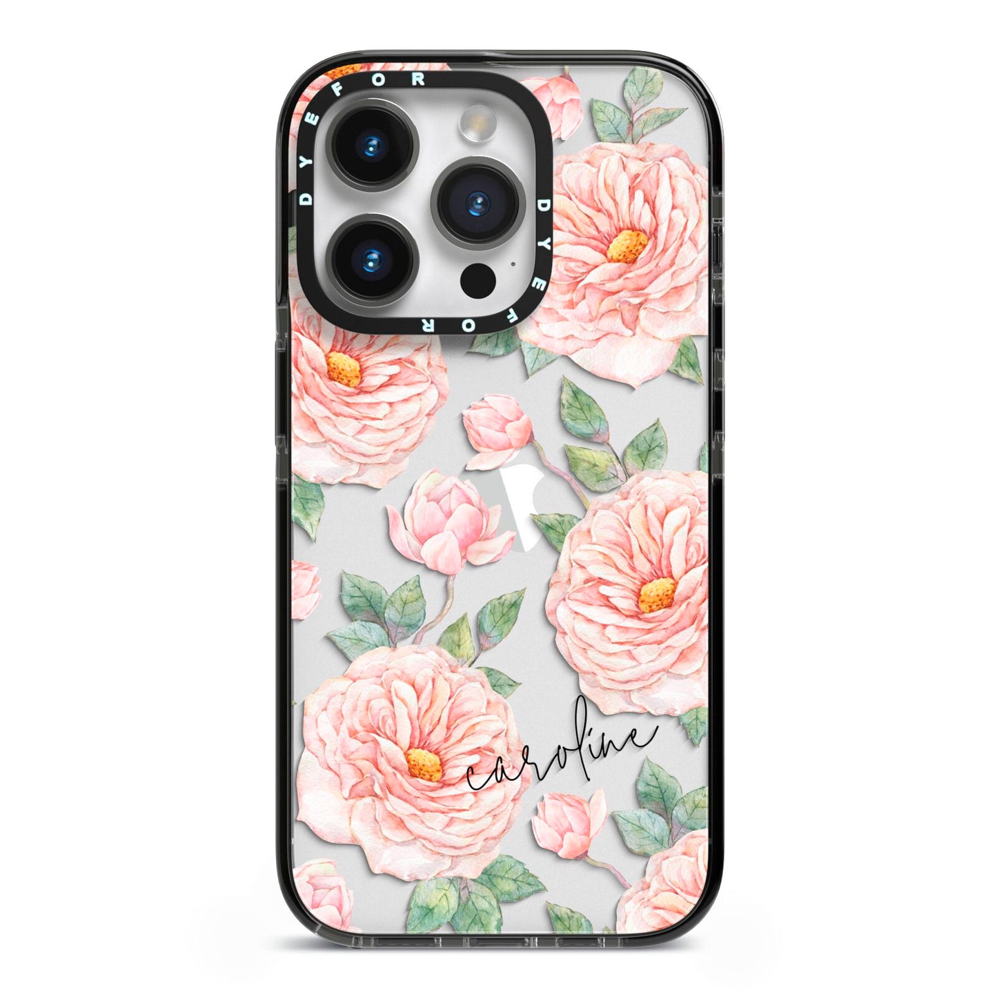 Personalised Peony iPhone 14 Pro Black Impact Case on Silver phone