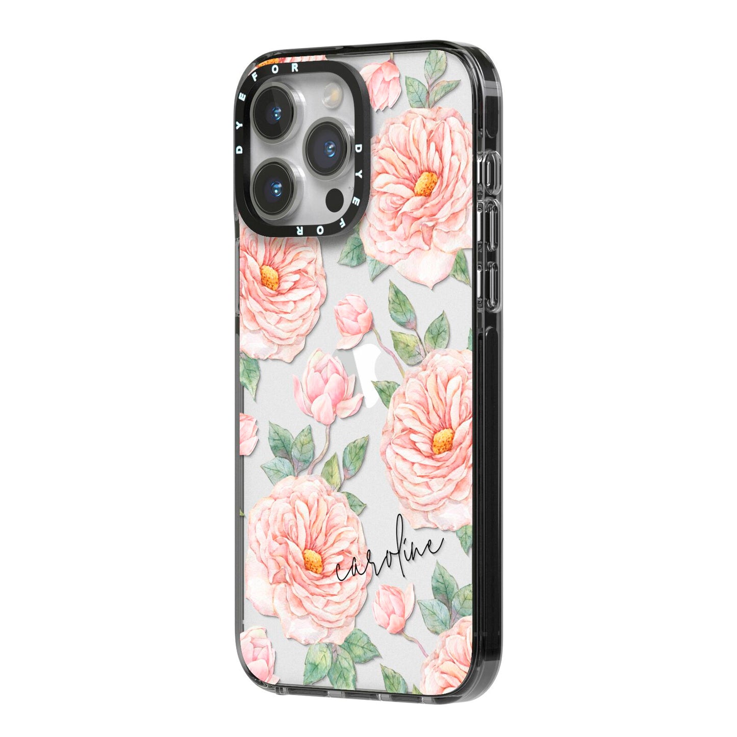 Personalised Peony iPhone 14 Pro Max Black Impact Case Side Angle on Silver phone