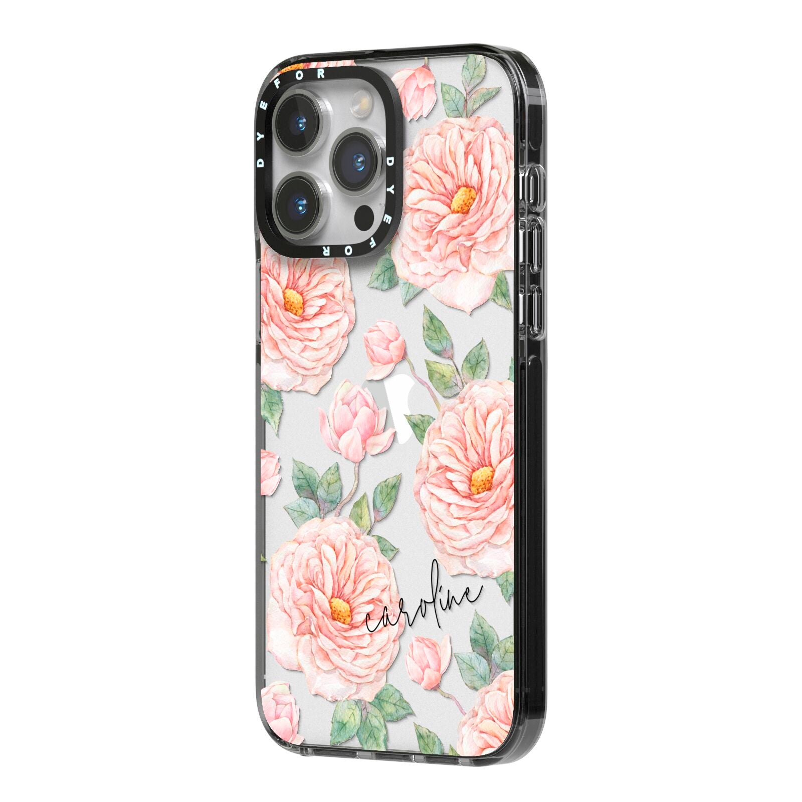 Personalised Peony iPhone 14 Pro Max Black Impact Case Side Angle on Silver phone