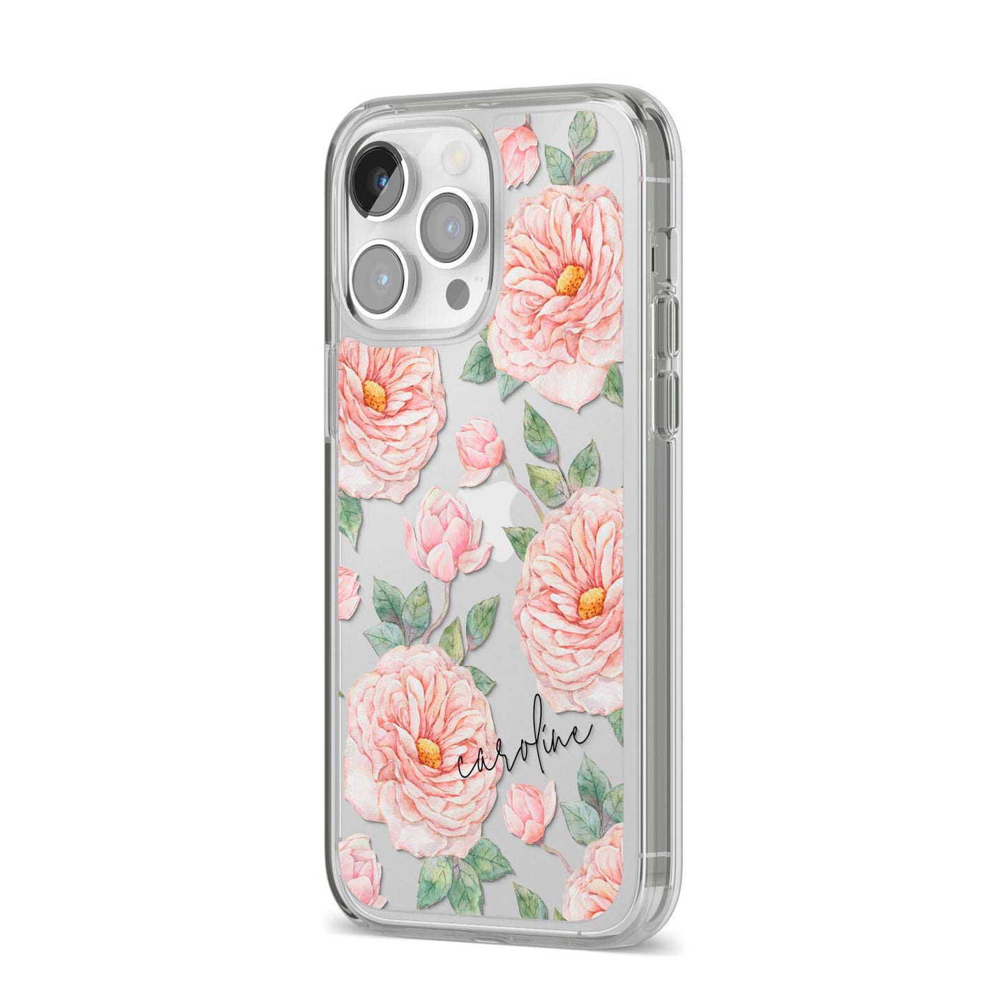 Personalised Peony iPhone 14 Pro Max Clear Tough Case Silver Angled Image