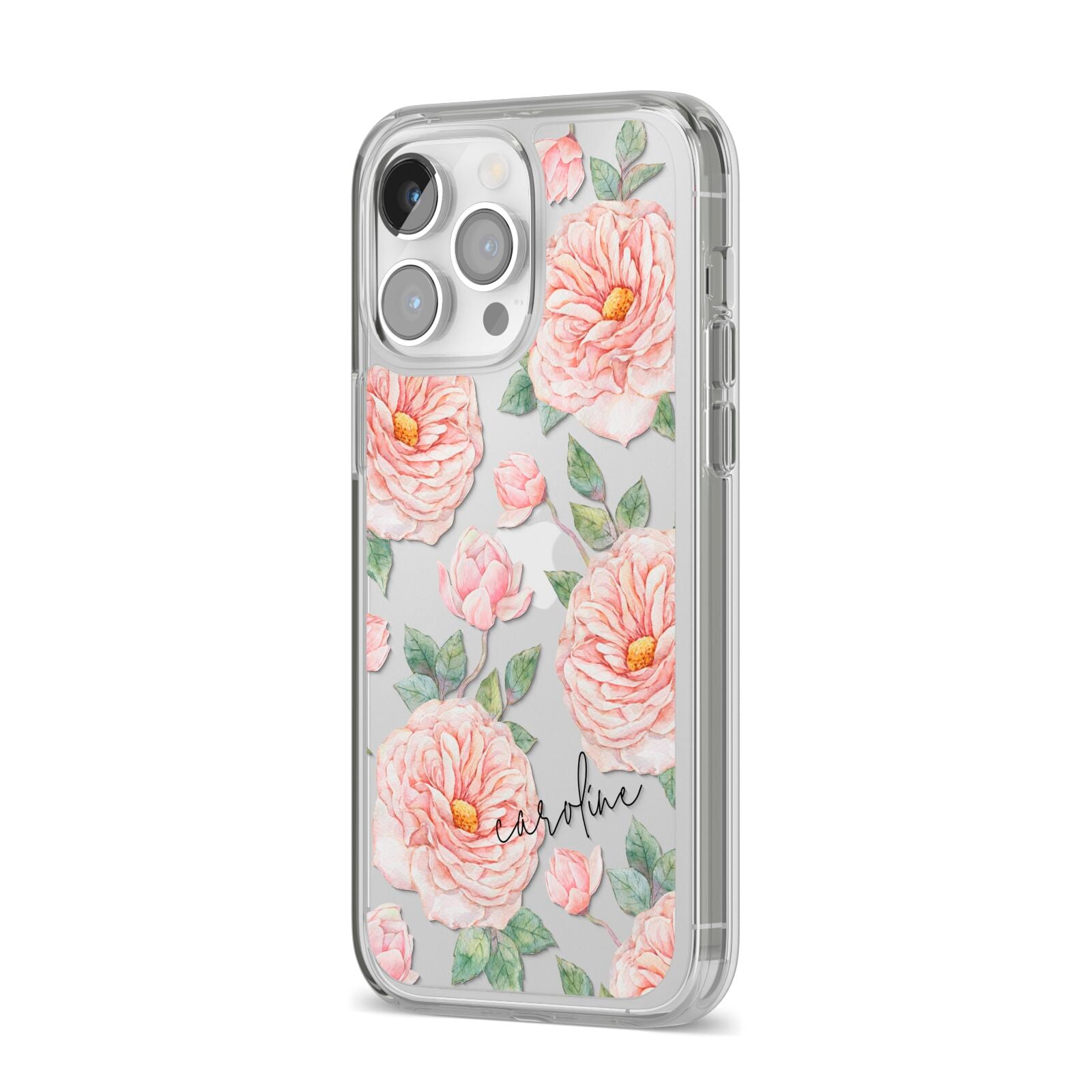 Personalised Peony iPhone 14 Pro Max Clear Tough Case Silver Angled Image