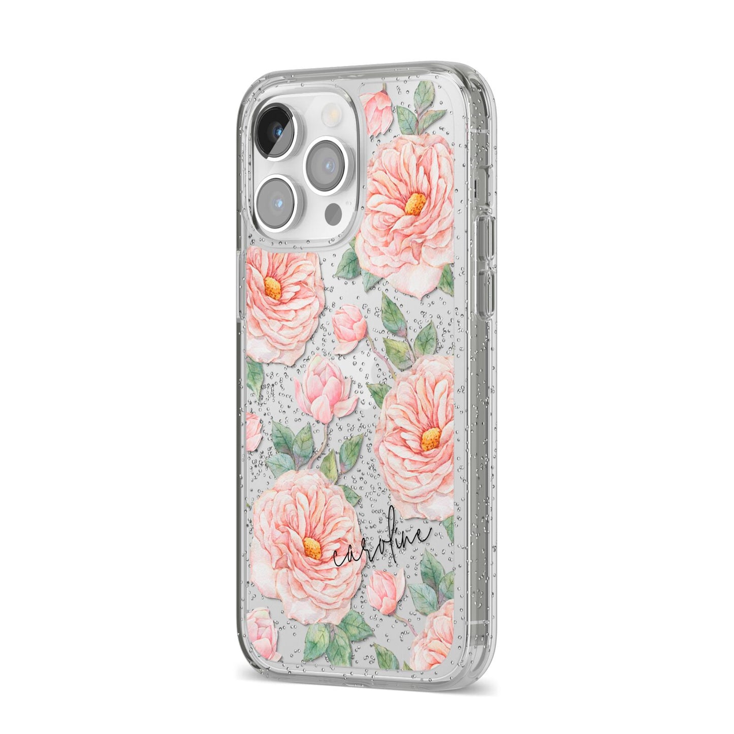 Personalised Peony iPhone 14 Pro Max Glitter Tough Case Silver Angled Image