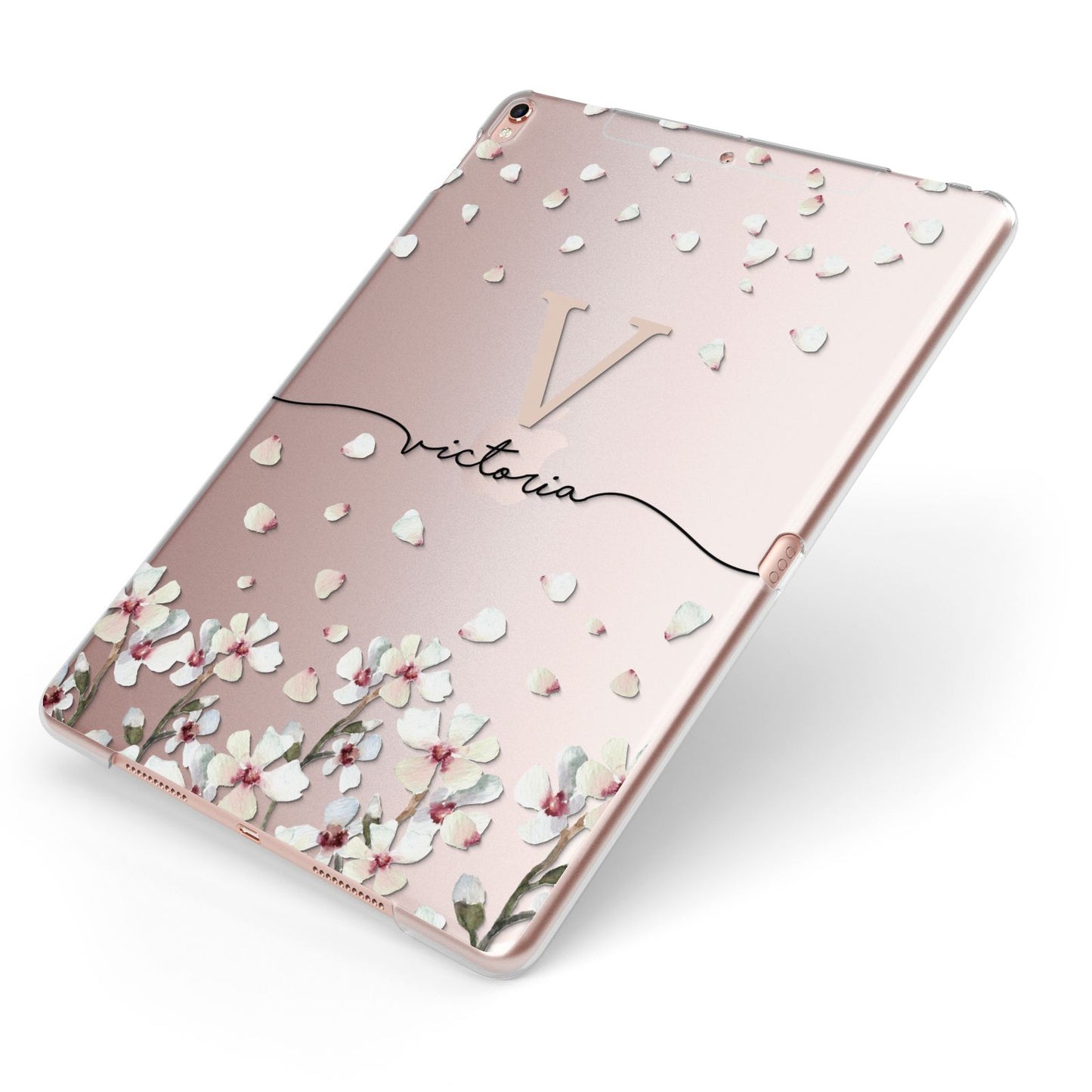 Personalised Petals Apple iPad Case on Rose Gold iPad Side View