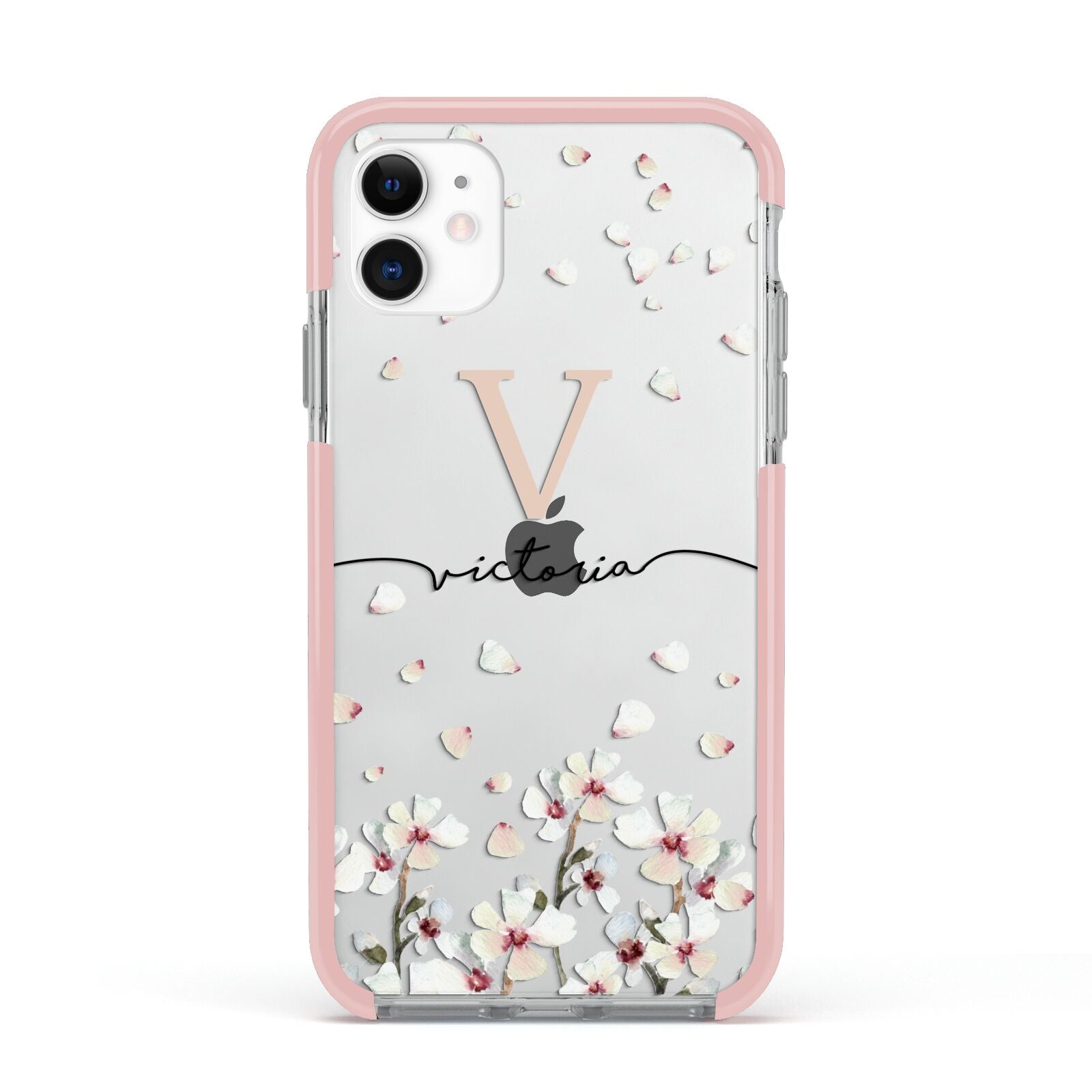 Personalised Petals Apple iPhone 11 in White with Pink Impact Case