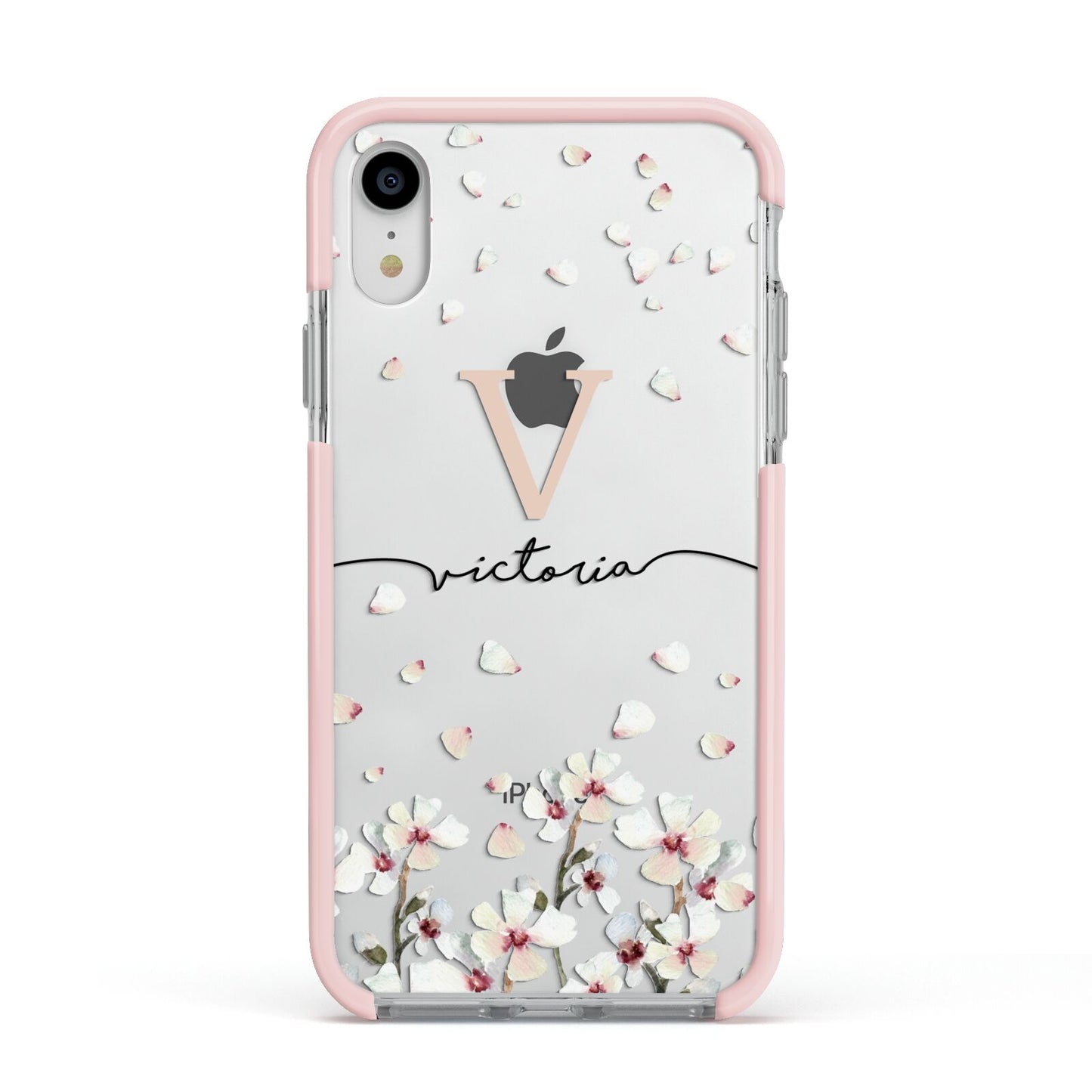 Personalised Petals Apple iPhone XR Impact Case Pink Edge on Silver Phone
