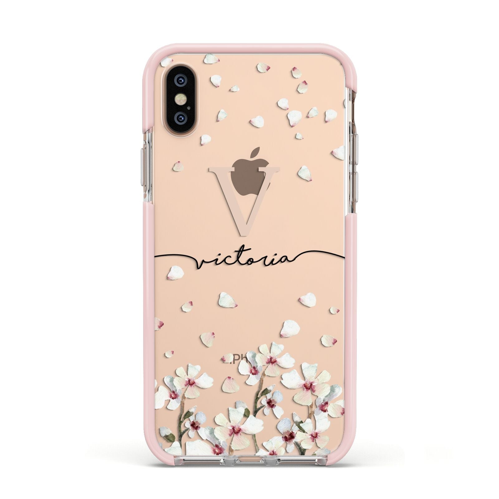 Personalised Petals Apple iPhone Xs Impact Case Pink Edge on Gold Phone