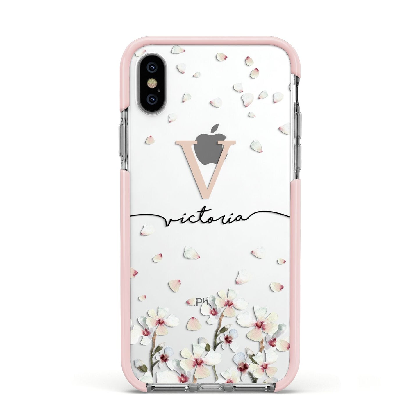 Personalised Petals Apple iPhone Xs Impact Case Pink Edge on Silver Phone
