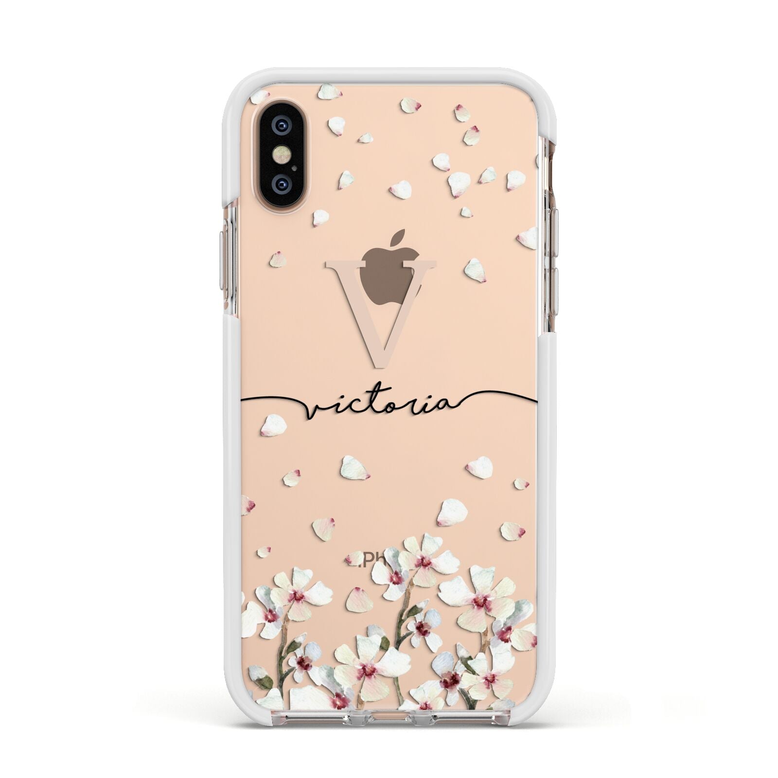 Personalised Petals Apple iPhone Xs Impact Case White Edge on Gold Phone