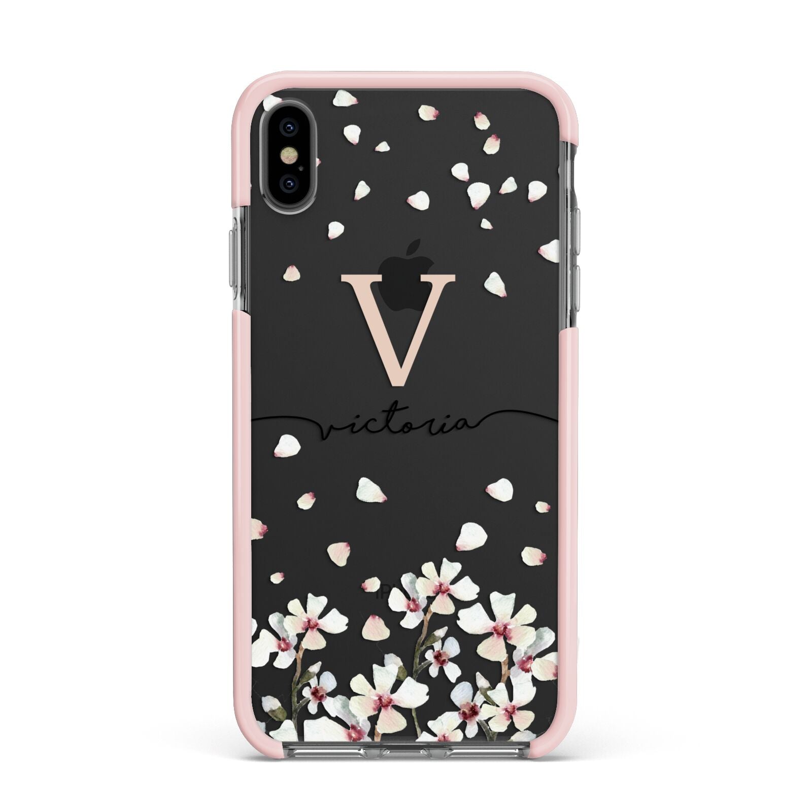 Personalised Petals Apple iPhone Xs Max Impact Case Pink Edge on Black Phone