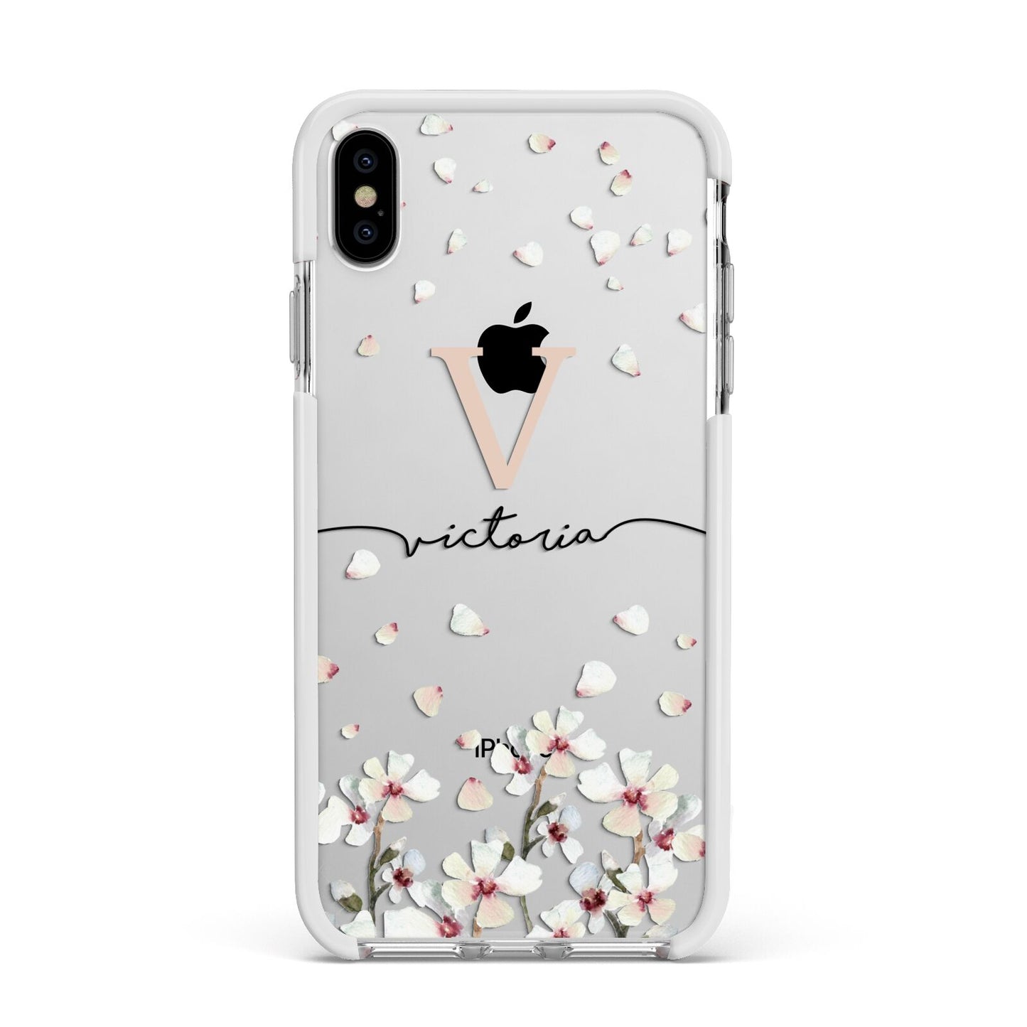 Personalised Petals Apple iPhone Xs Max Impact Case White Edge on Silver Phone