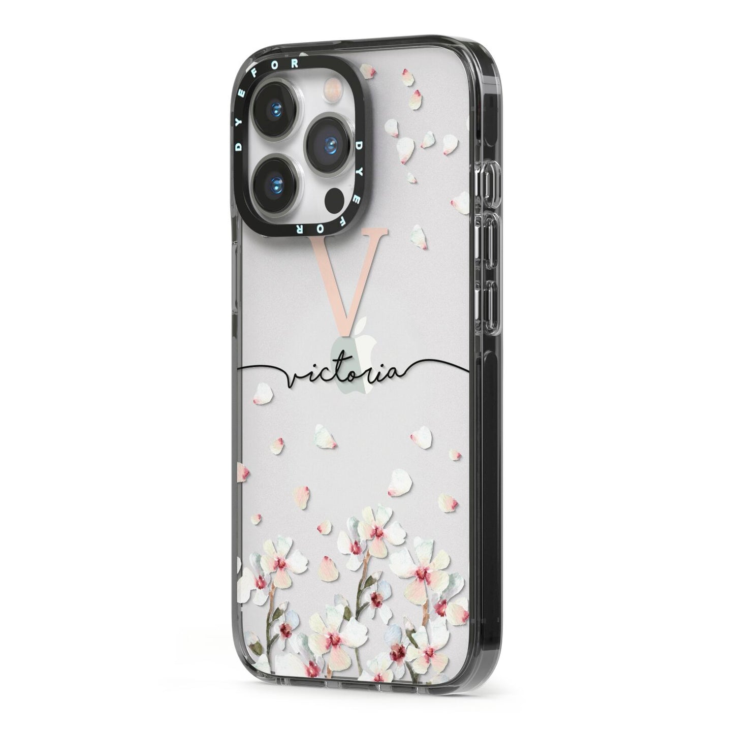Personalised Petals iPhone 13 Pro Black Impact Case Side Angle on Silver phone