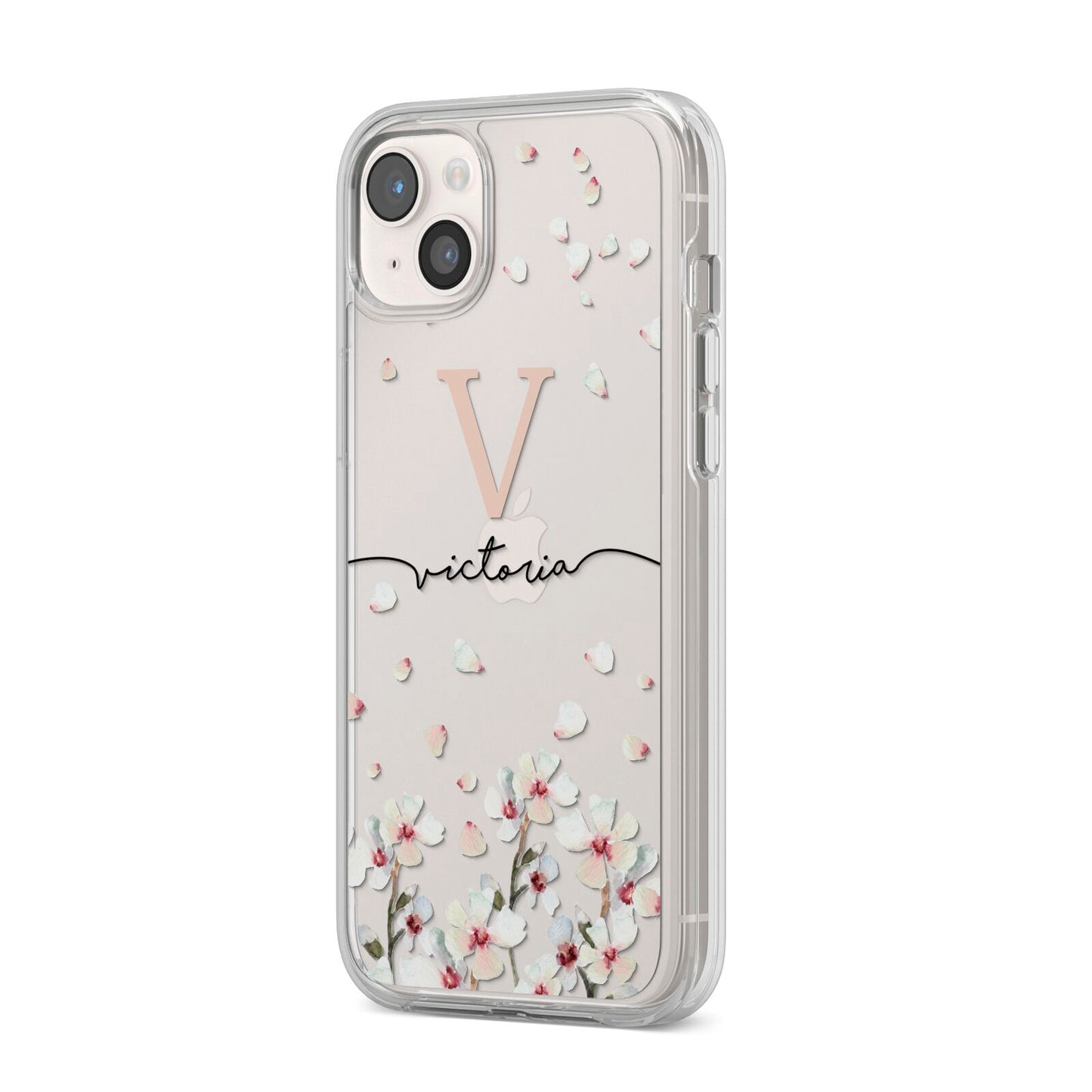 Personalised Petals iPhone 14 Plus Clear Tough Case Starlight Angled Image
