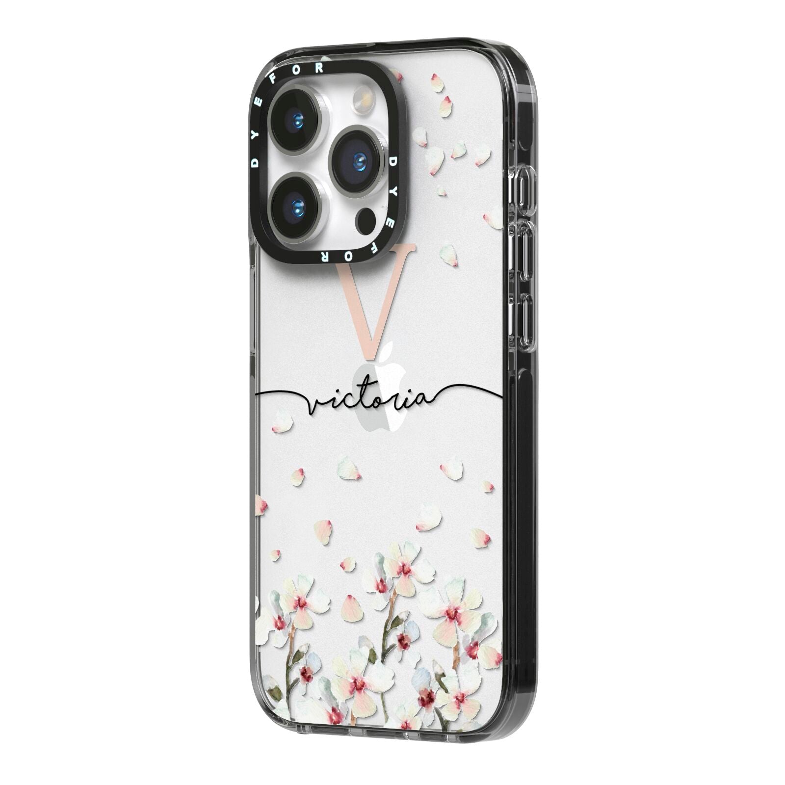 Personalised Petals iPhone 14 Pro Black Impact Case Side Angle on Silver phone
