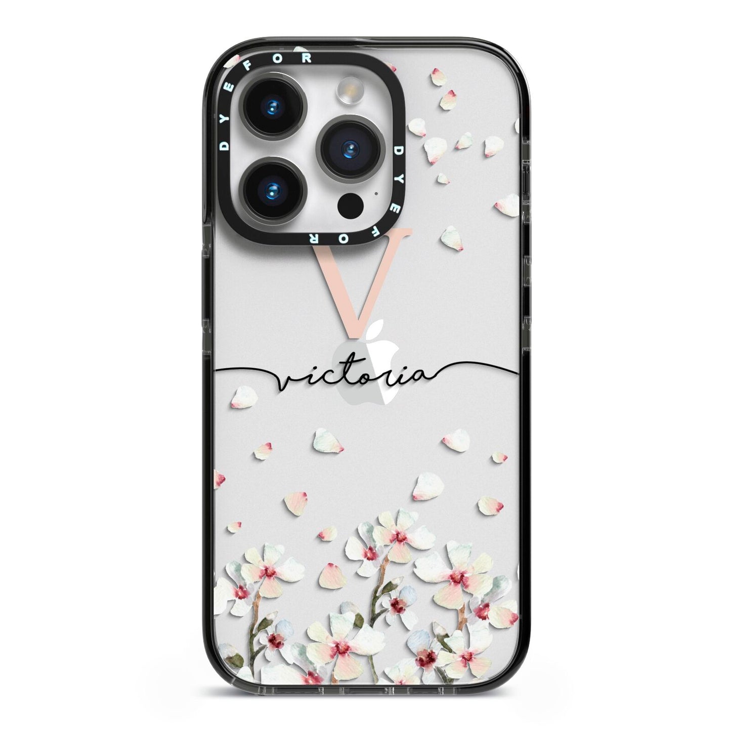 Personalised Petals iPhone 14 Pro Black Impact Case on Silver phone