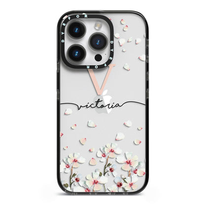 Personalised Petals iPhone 14 Pro Black Impact Case on Silver phone