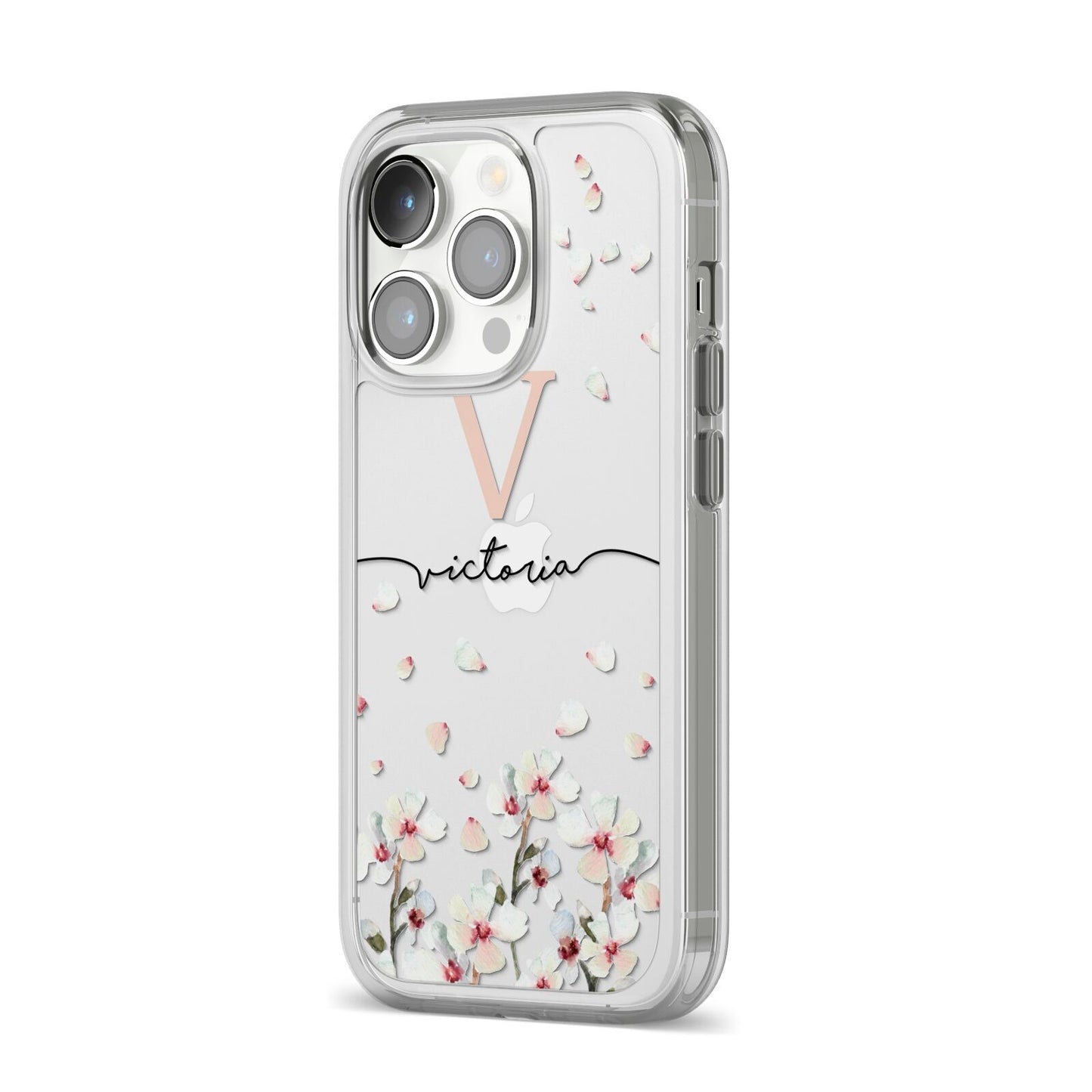 Personalised Petals iPhone 14 Pro Clear Tough Case Silver Angled Image