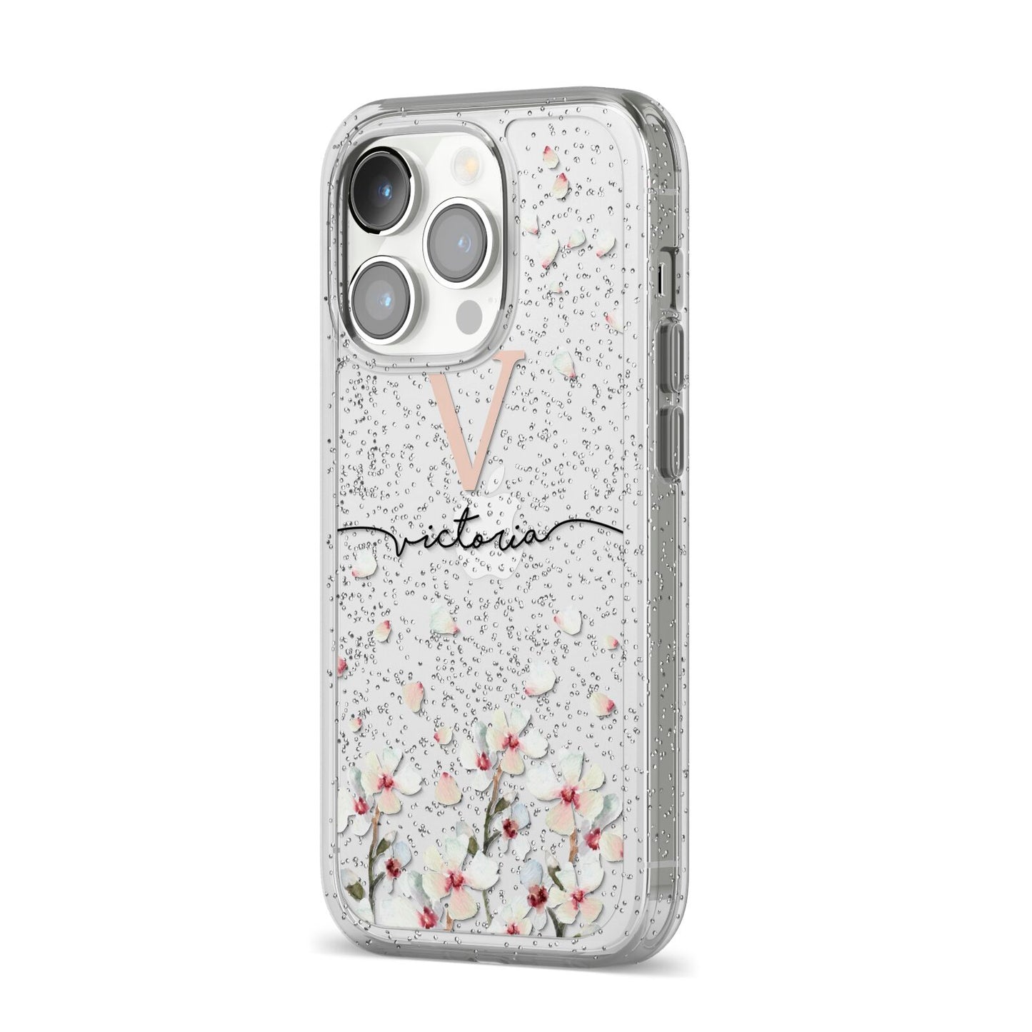 Personalised Petals iPhone 14 Pro Glitter Tough Case Silver Angled Image