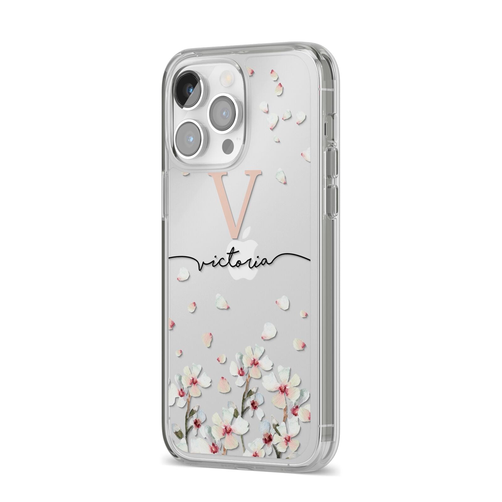 Personalised Petals iPhone 14 Pro Max Clear Tough Case Silver Angled Image