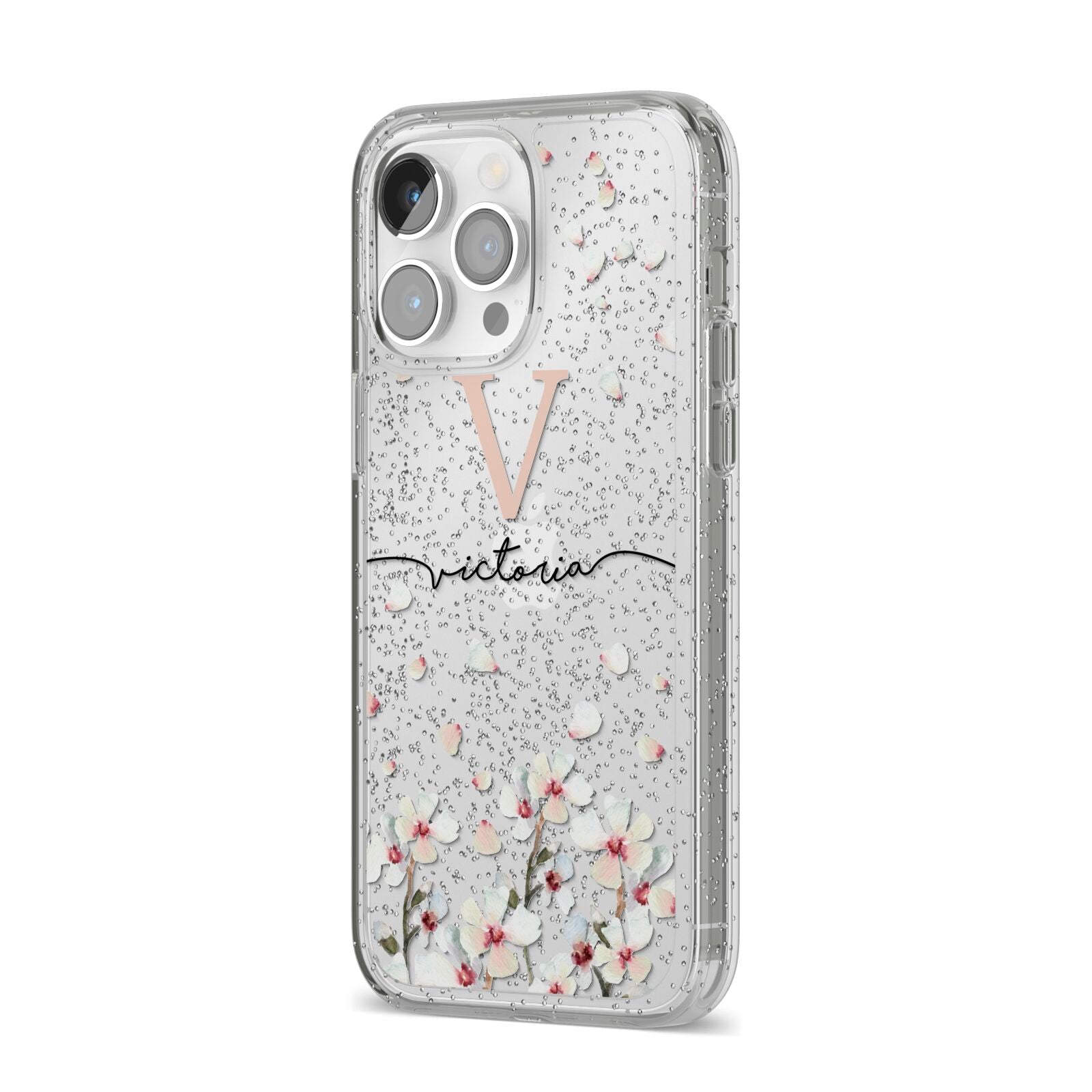 Personalised Petals iPhone 14 Pro Max Glitter Tough Case Silver Angled Image