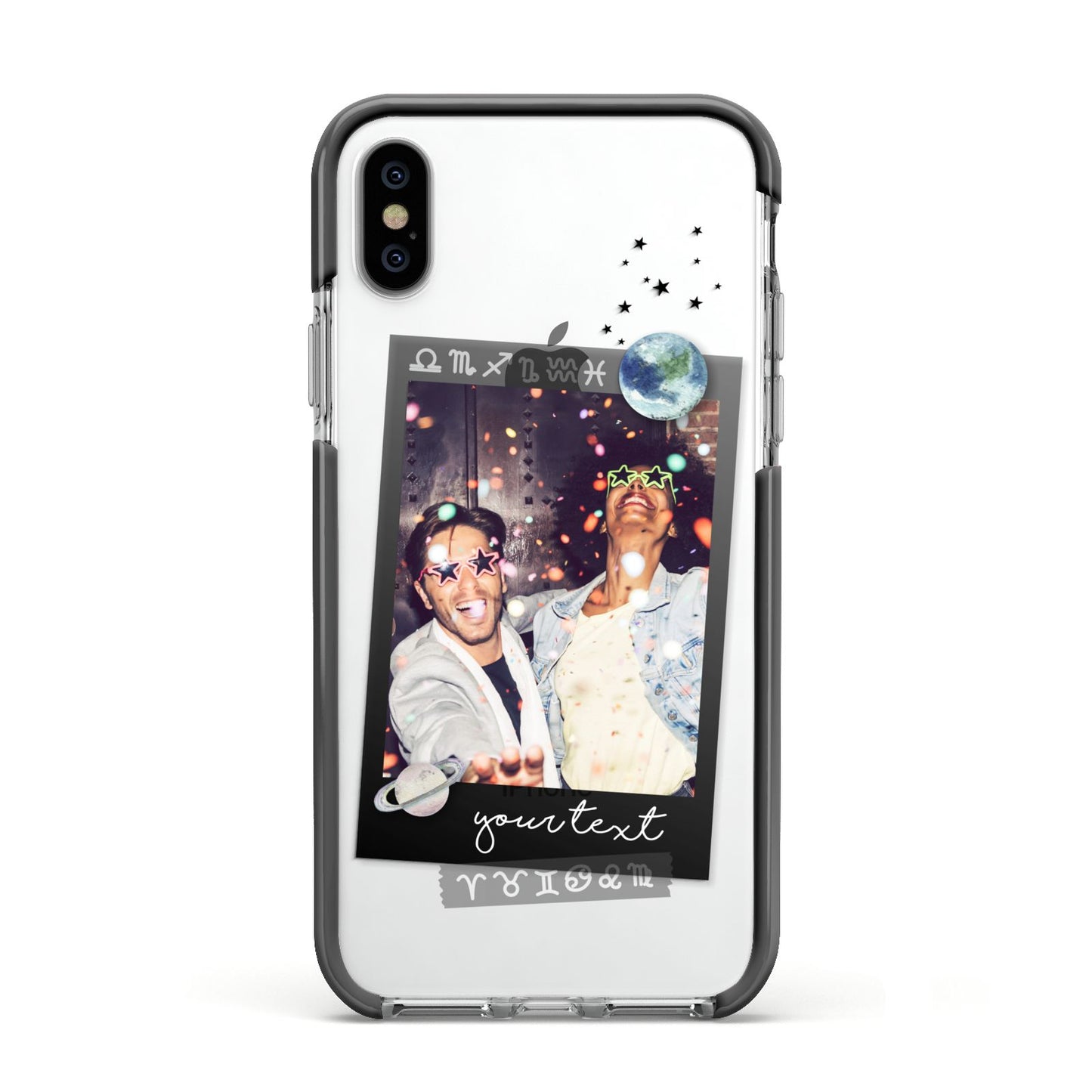 Personalised Photo Celestial Apple iPhone Xs Impact Case Black Edge on Silver Phone