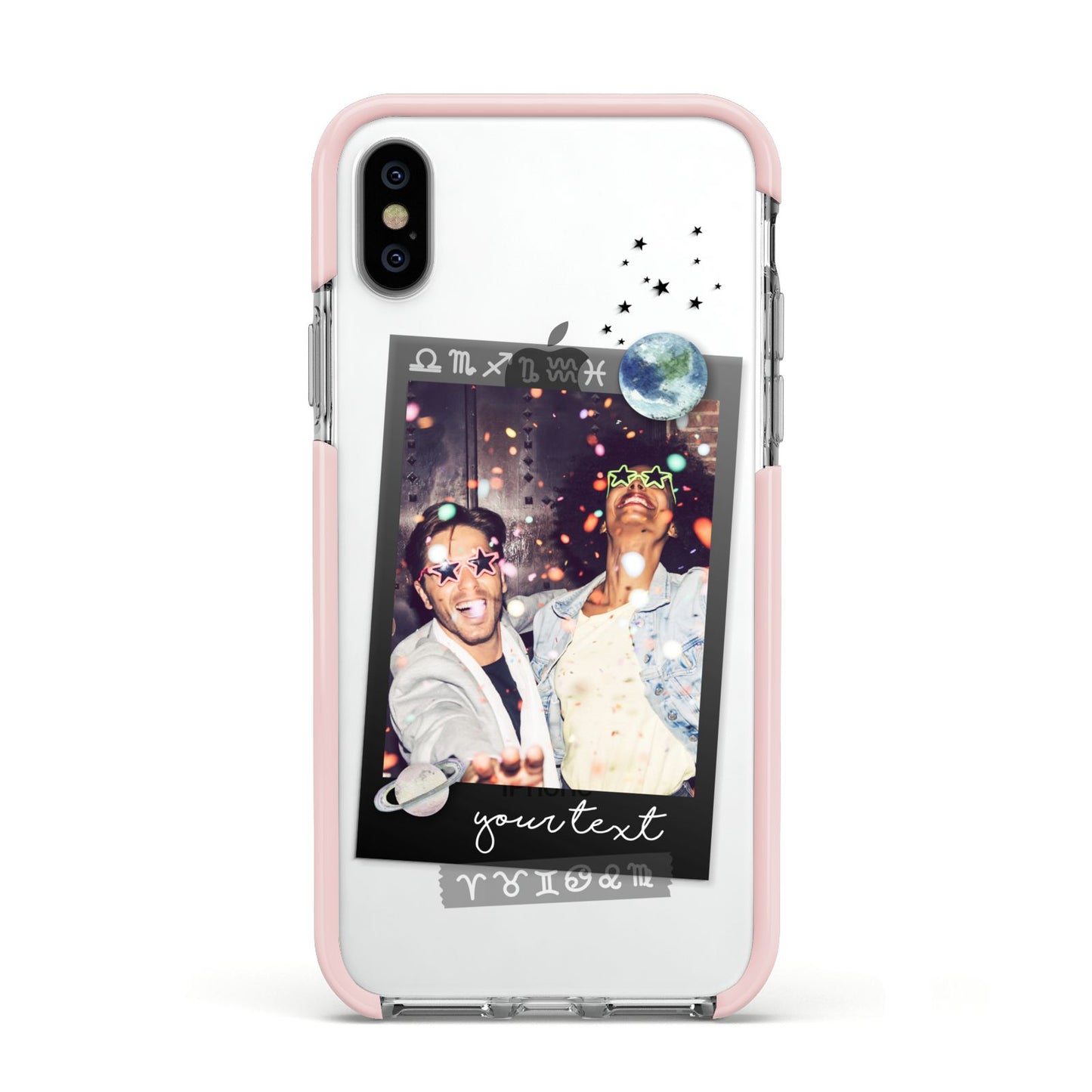 Personalised Photo Celestial Apple iPhone Xs Impact Case Pink Edge on Silver Phone