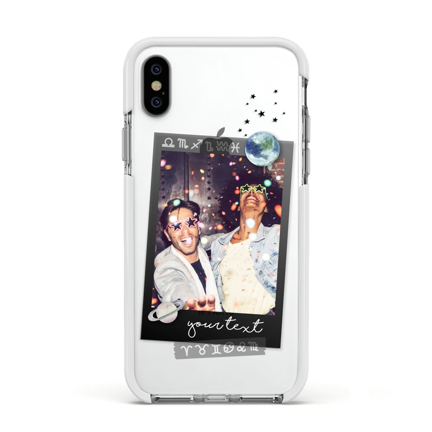 Personalised Photo Celestial Apple iPhone Xs Impact Case White Edge on Silver Phone