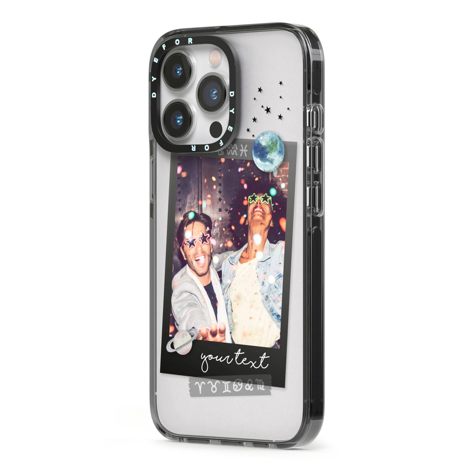 Personalised Photo Celestial iPhone 13 Pro Black Impact Case Side Angle on Silver phone